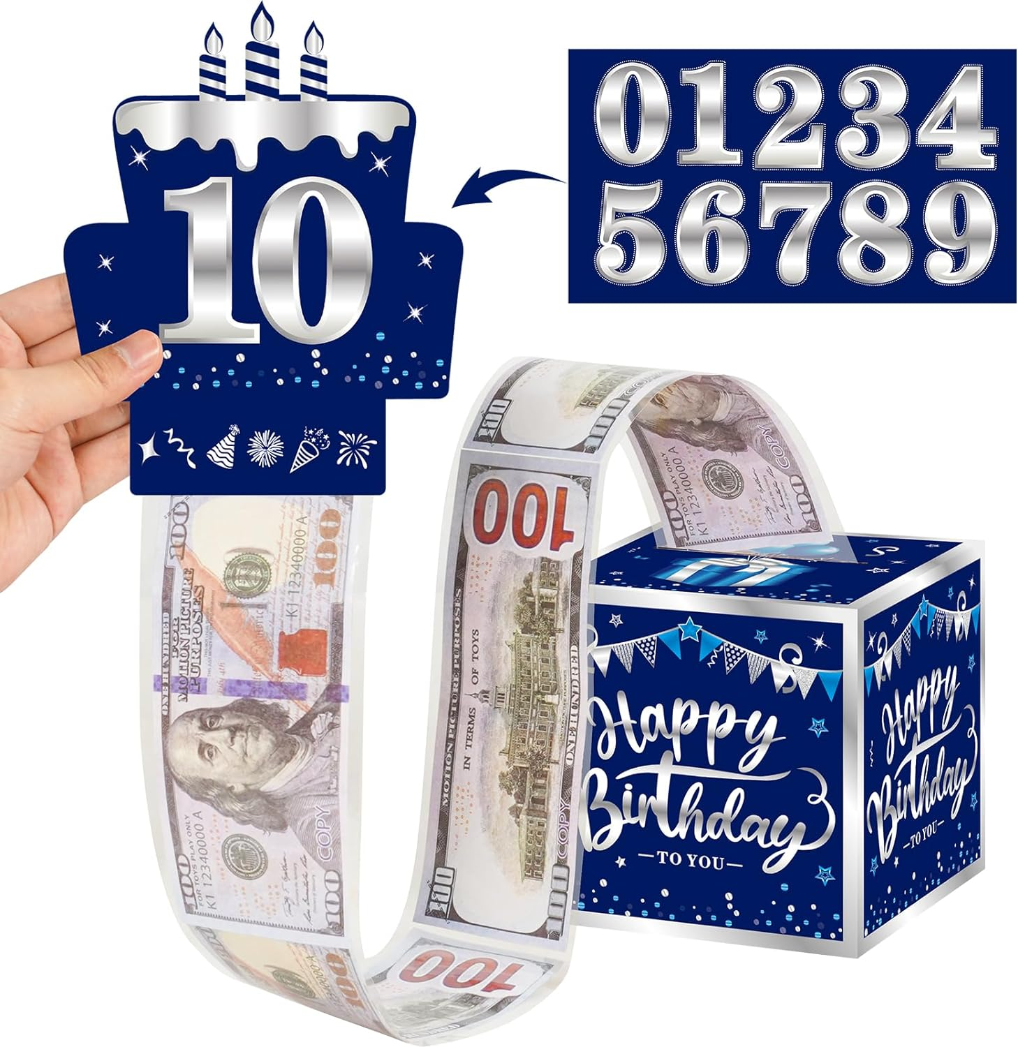 Happy Birthday Money Gift Box with DIY Stickers for Any Age - Blue Sliver Surprise Birthday Party Cash Gift Box with Pull Out Card for Men Boys - a Fun Way to Present Cash as Gifts.