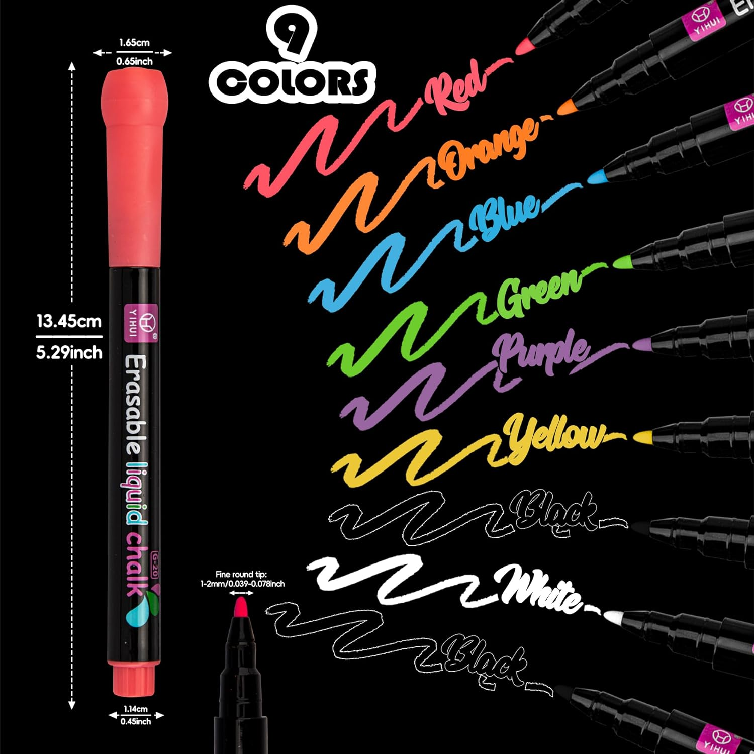 YUNAI Liquid Chalk Markers for Blackboards 9PCS, Chalk Pen for Chalkboard and Glass, Fine Tip Neon Color Erasable Chalkboard Pens for Menu Board Window Signs Drawing Writing image number 4
