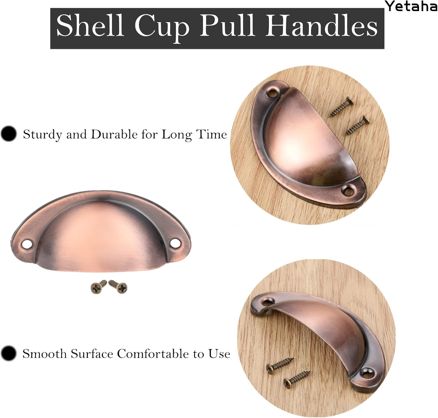 Yetaha Copper Cup Handles, 10PCS Cabinet Cup Pull Handle, Retro Shell Cup Handles, 82X35Mm Vintage Kitchen Cupboard Pulls Furniture Knob with Screws Suitable for Drawer Dresser, Door (Red Copper) image number 2