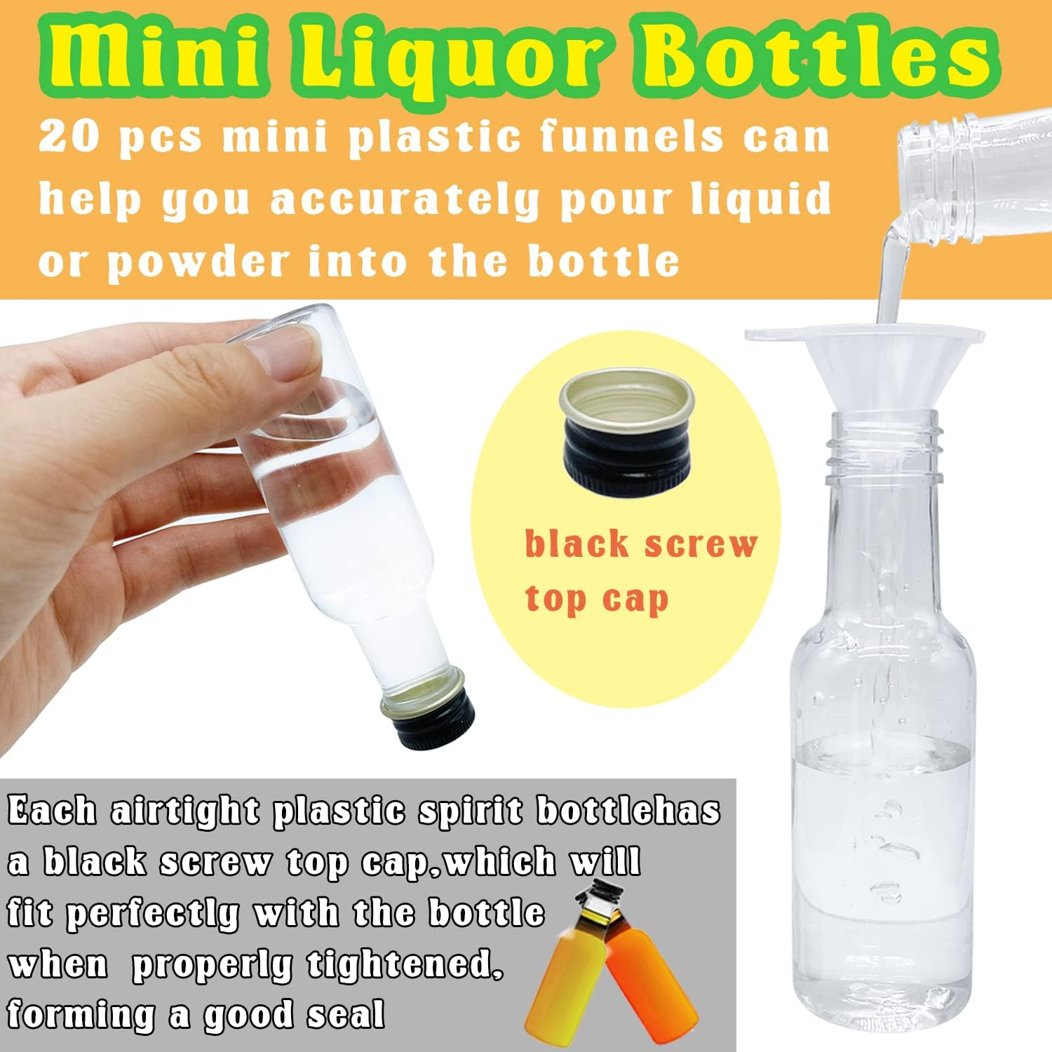 Qiuttnqn Mini Liquor Bottles,50 Pack Empty Spirit Bottles with Black Cap,1Oz/30Ml Alcohol 20 Funnels,Miniature for Weddings,Party Favors image number 4