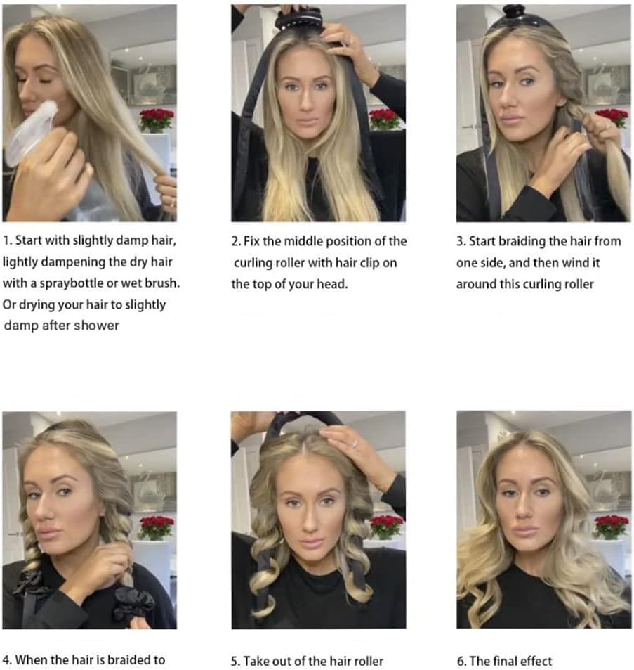 Heatless Curling Rod Headband No Heat Silk Ribbon Curling Rod Hair Roller Curls with Hair Claw Clip Lazy Natural Soft Wave DIY Hair Rollers Styling Tool for Sleep in Overnight (Black, One Size) image number 5