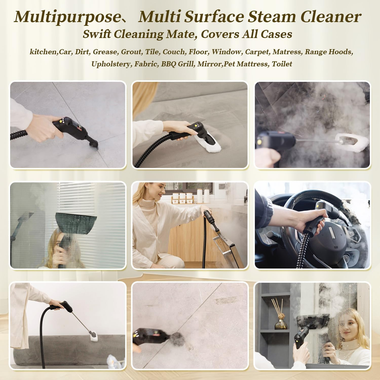 Steam Cleaner,15S Heat-Up,1.6L Tank,3-Level Adjustable Handle,2500W Steamer for Cleaning,Portable Steamer for Cleaning with 16PCS Accessories,Steam Cleaner for Home,Car,Dirt,Grease,Grout,Tile,Couch image number 3