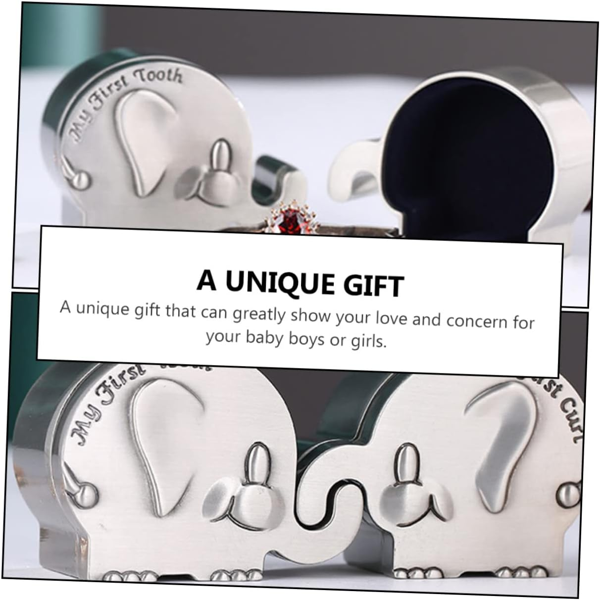 HANABASS My First Curl and Tooth Keepsake Box Set Elephant Shape Silver Metal Newborn Baby Hair and Tooth Storage Collector for Infant Memories image number 5