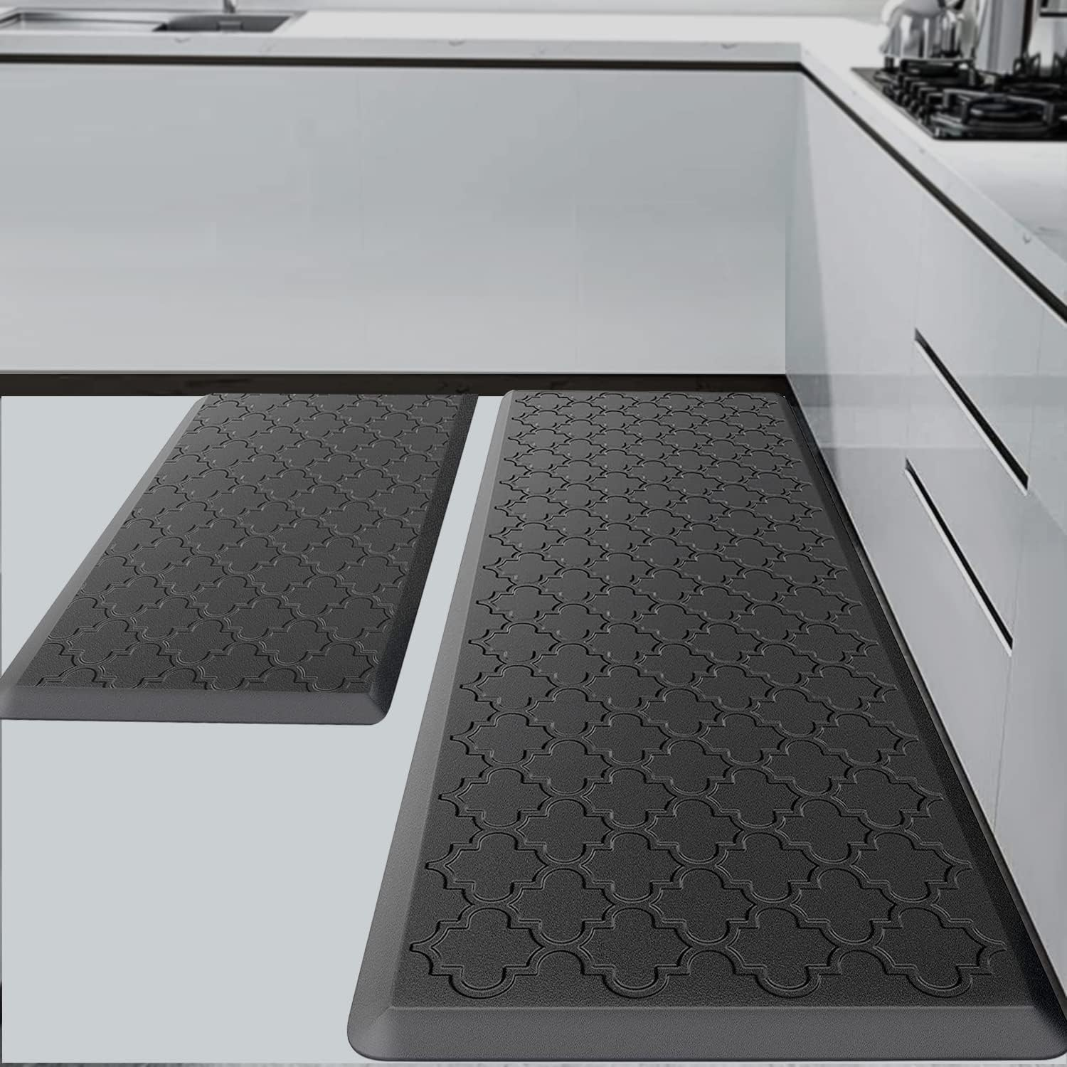 Kitchen Rugs and Mats &mdash; 12Mm Thick Kitchen Floor Mats, anti Fatigue Waterproof for Kitchen, Office & Garage，Non Skid Standing Kitchen Rug 2 Piece &mdash;（44X75Cm+44X150Cm，Black）