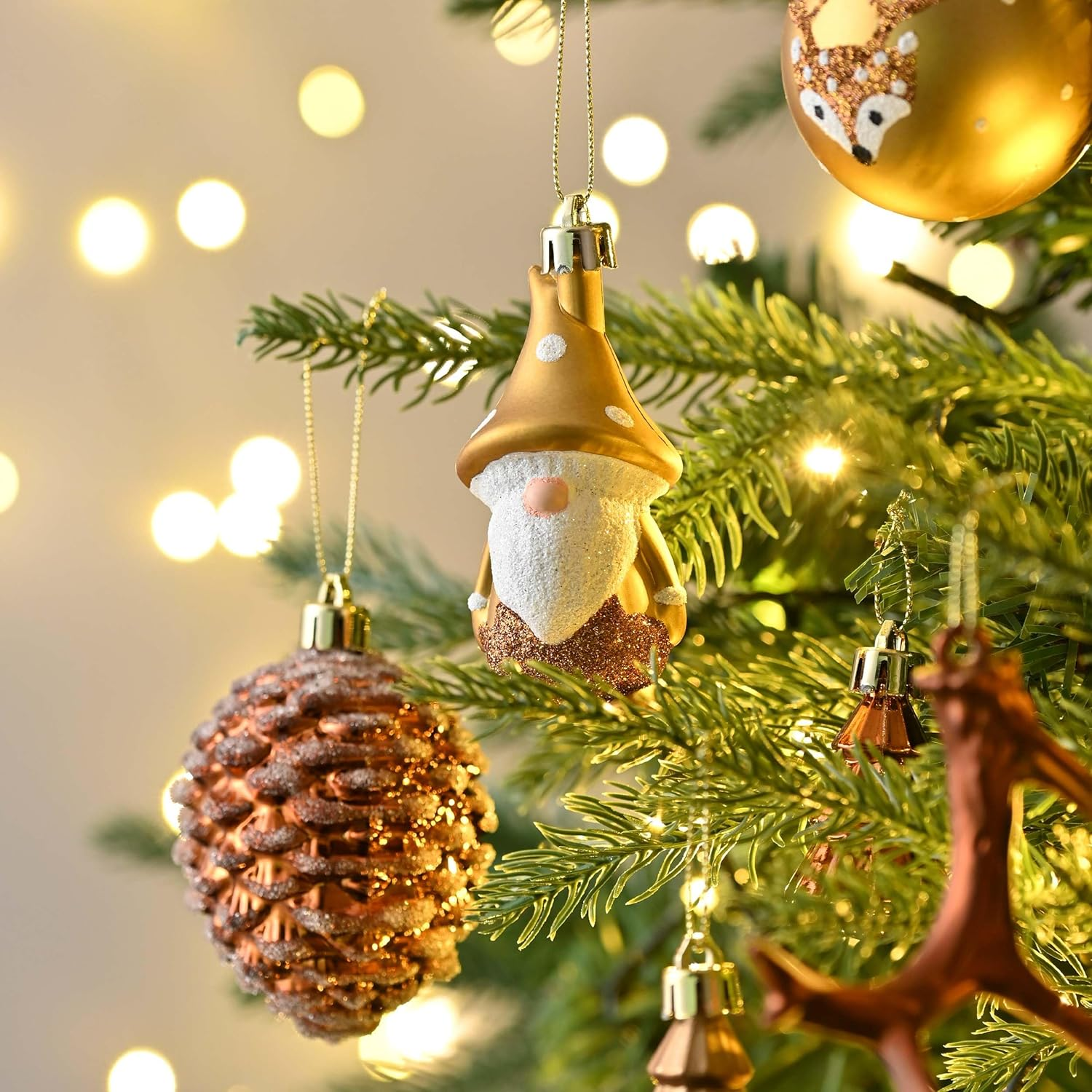 Valery Madelyn Christmas Ornaments Set, 40Ct Brown Copper and Gold Shatterproof Christmas Tree Decorations, Woodland Bronze Gnome Deer Hanging Ball Ornaments Bulk for Thanksgiving Xmas Holiday Decor image number 2