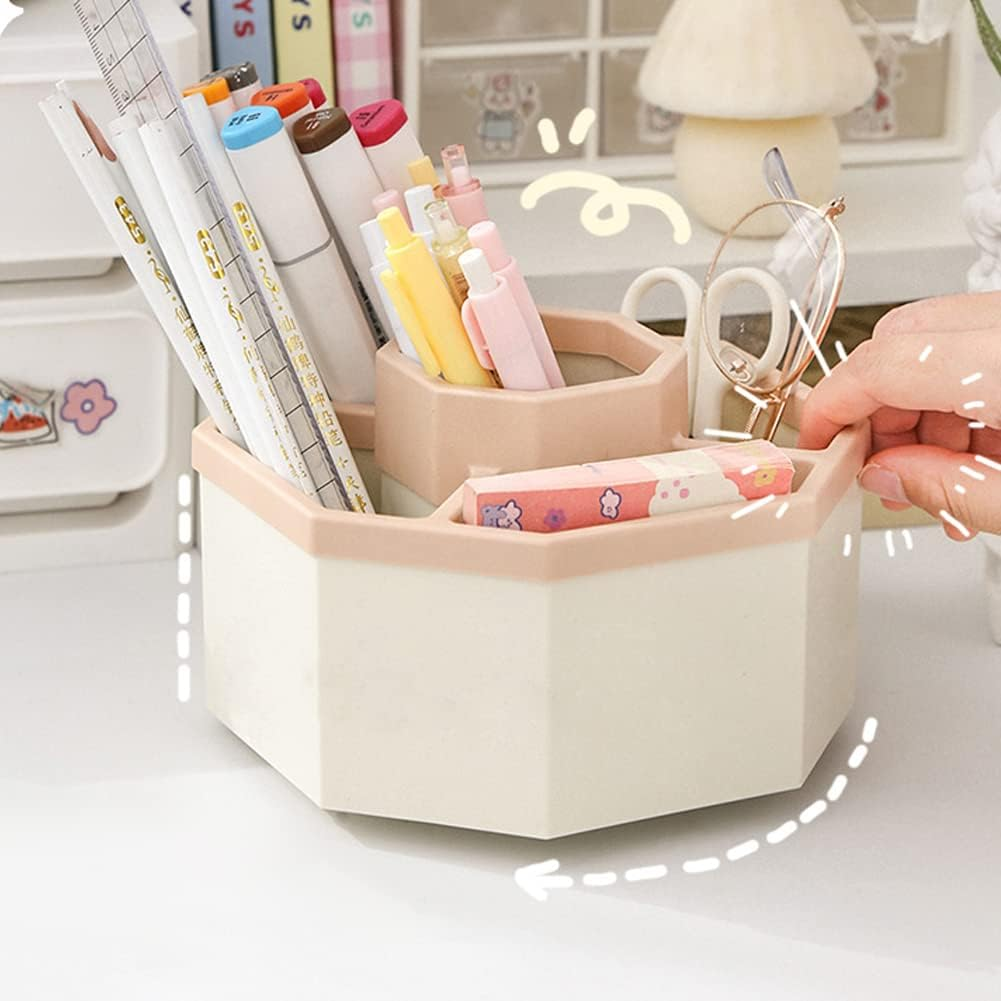 Desk Organizer, 360-Degree Rotating Multi-Functional Pen Holder, 5 Compartments Desktop Stationary Home Office Art Supply Storage Box Caddy ,Transparent Khaki TB2659