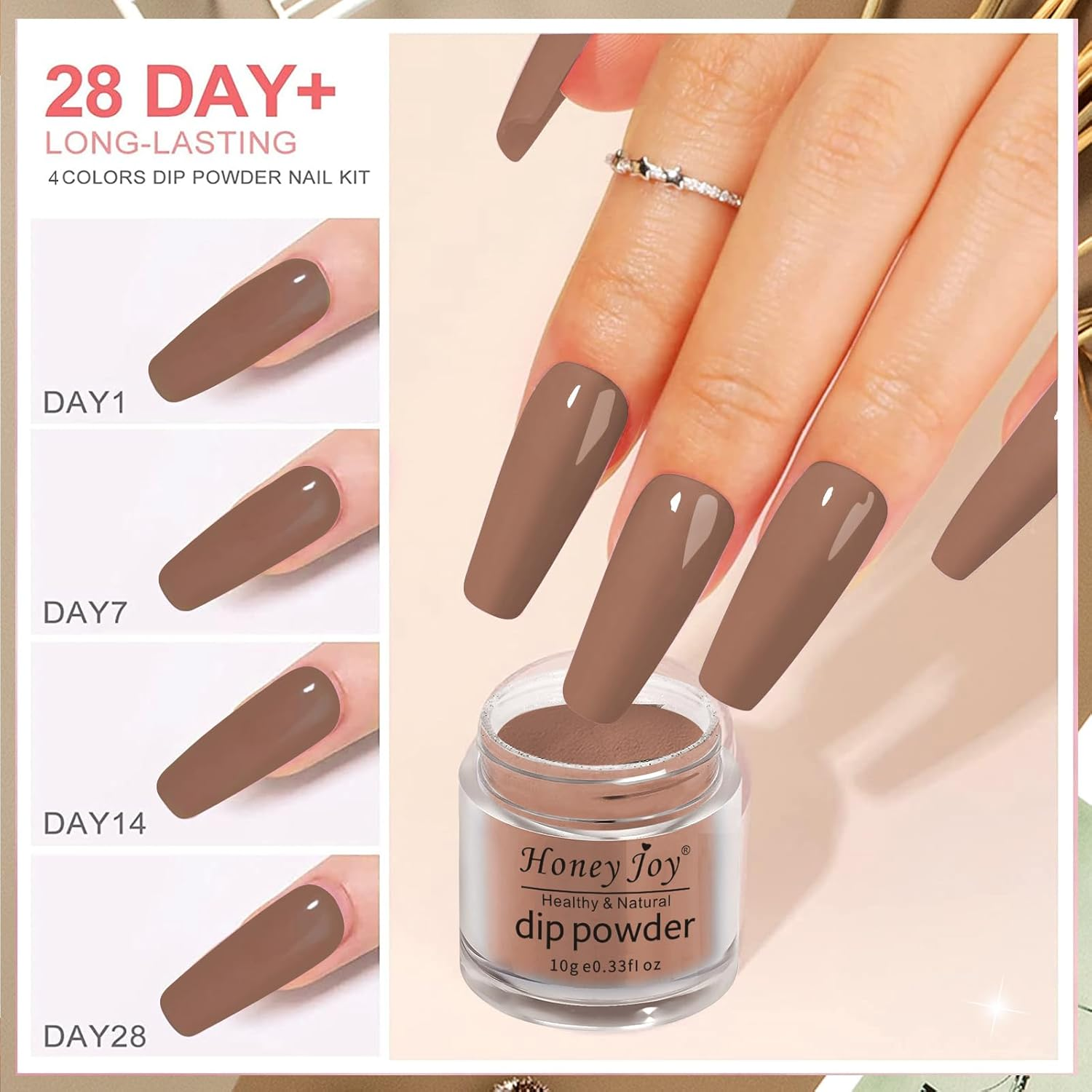 Honey Joy Dip Powder Nail Kit Starter, 4 Colors Fall Dip Powder Colors Nail Kit with Base Top Coat for Nail Art Manicure Salon DIY, Dip-7Pcs-No.18 image number 4