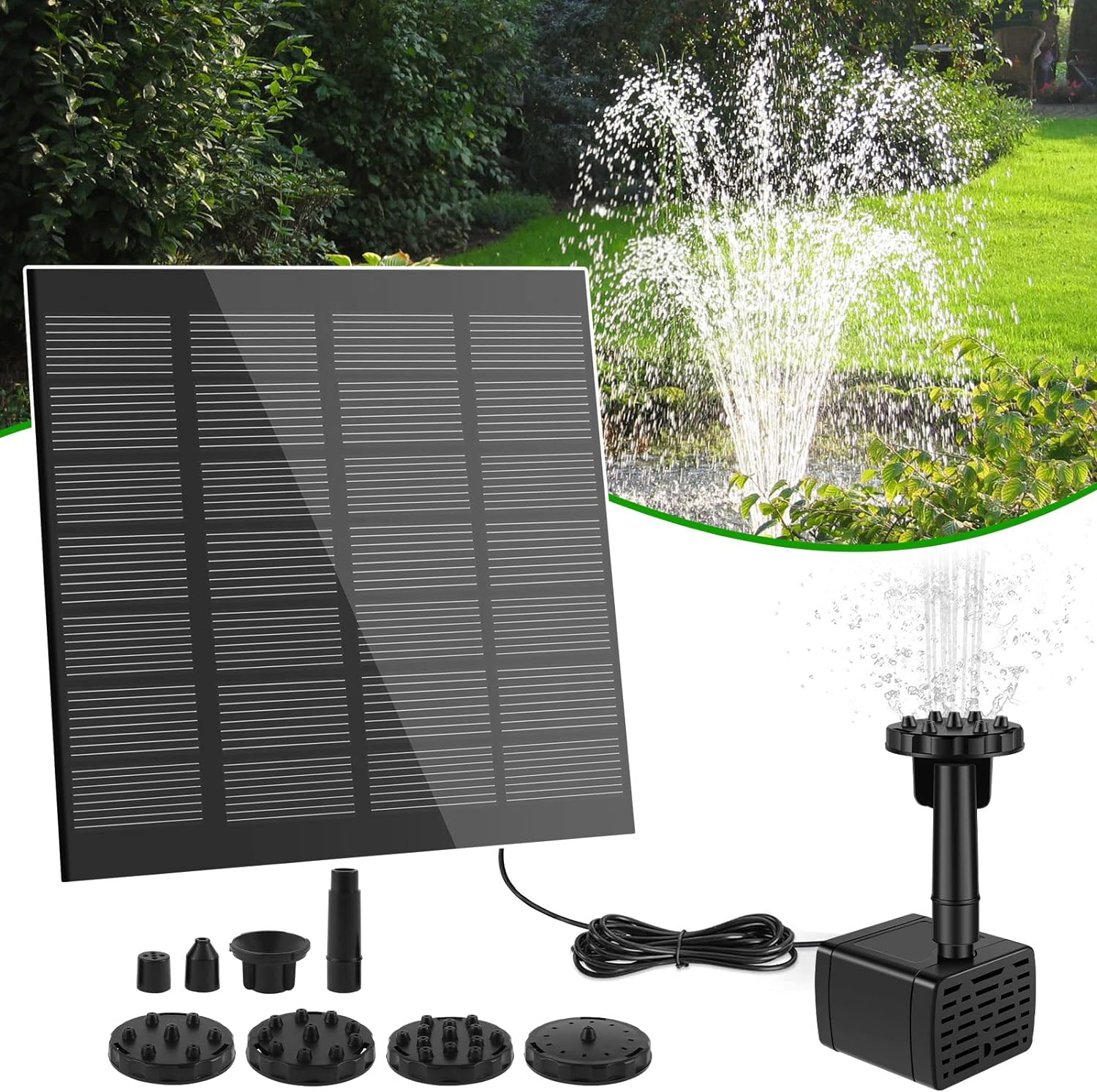 Abizarch Solar Fountain Pump Outdoor DIY Solar Water Pump Kit with 6 Nozzles Solar Water Fountain Pump with 1.5W Panel for Bird Bath Garden Ponds Backyard Pool Fish Tank Solar Pump ZHAZHAMO image number 1