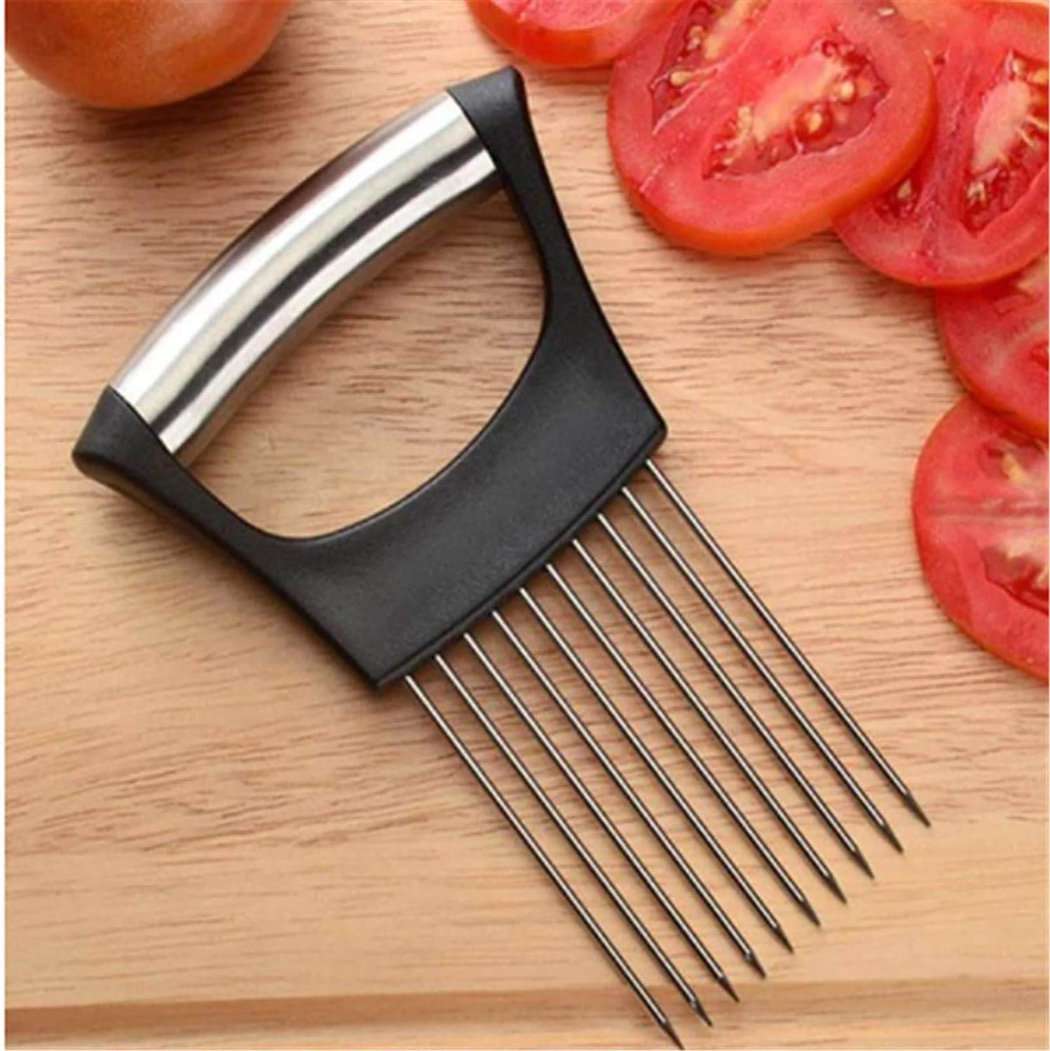 Food Slice Assistant Onion Holder Slicer - Stainless Steel Vegetable Holder Tomato Slicer Meat Slicer, Cutting Kitchen Gadget Onion Cutter,Kitchen Vegetable Slicing Aids(Black) image number 4