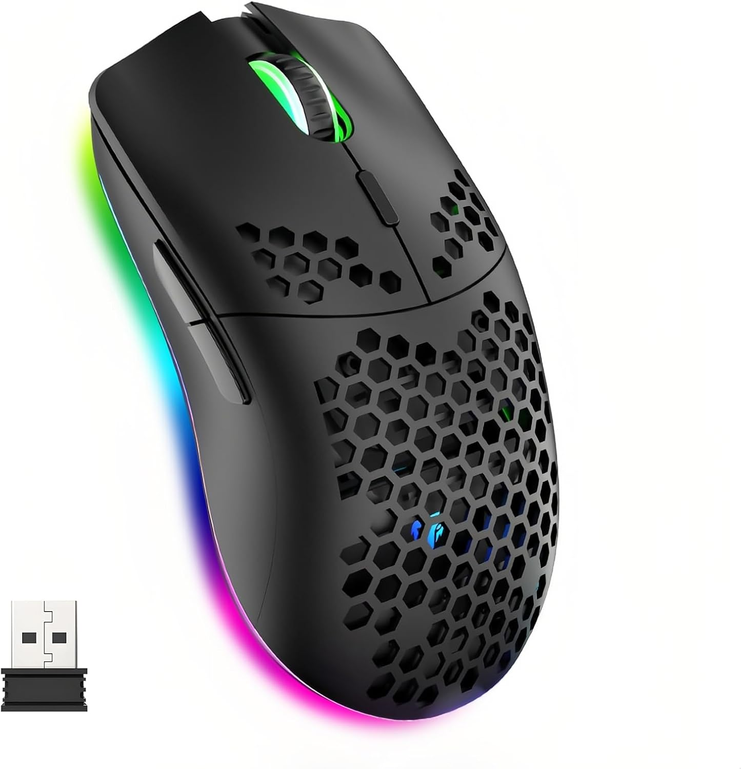 Mengshen Wireless Gaming Mouse Honeycomb, RGB Game Mice with Lightweight Shell High Precision Optical Sensor Adjustable 3200 DPI Ergonomic for Windows PC & Laptop Gamers (Black) image number 4