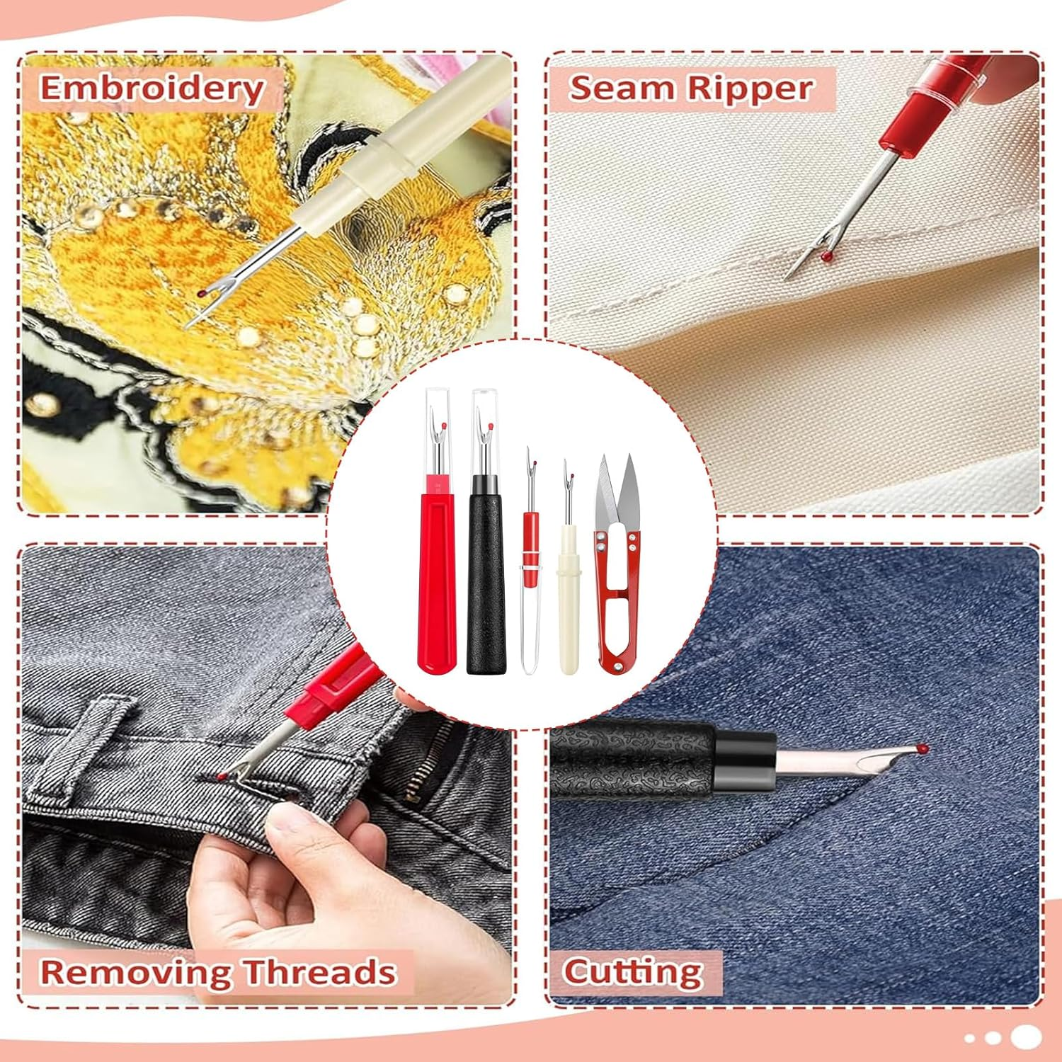 5 Pieces Seam Rippers for Sewing &ndash; 2 Big and 2 Small Stitch Remover Tools, Seam Ripper and Thread Remover Kit, Embroidery Removal Tool with Thread Snips image number 4