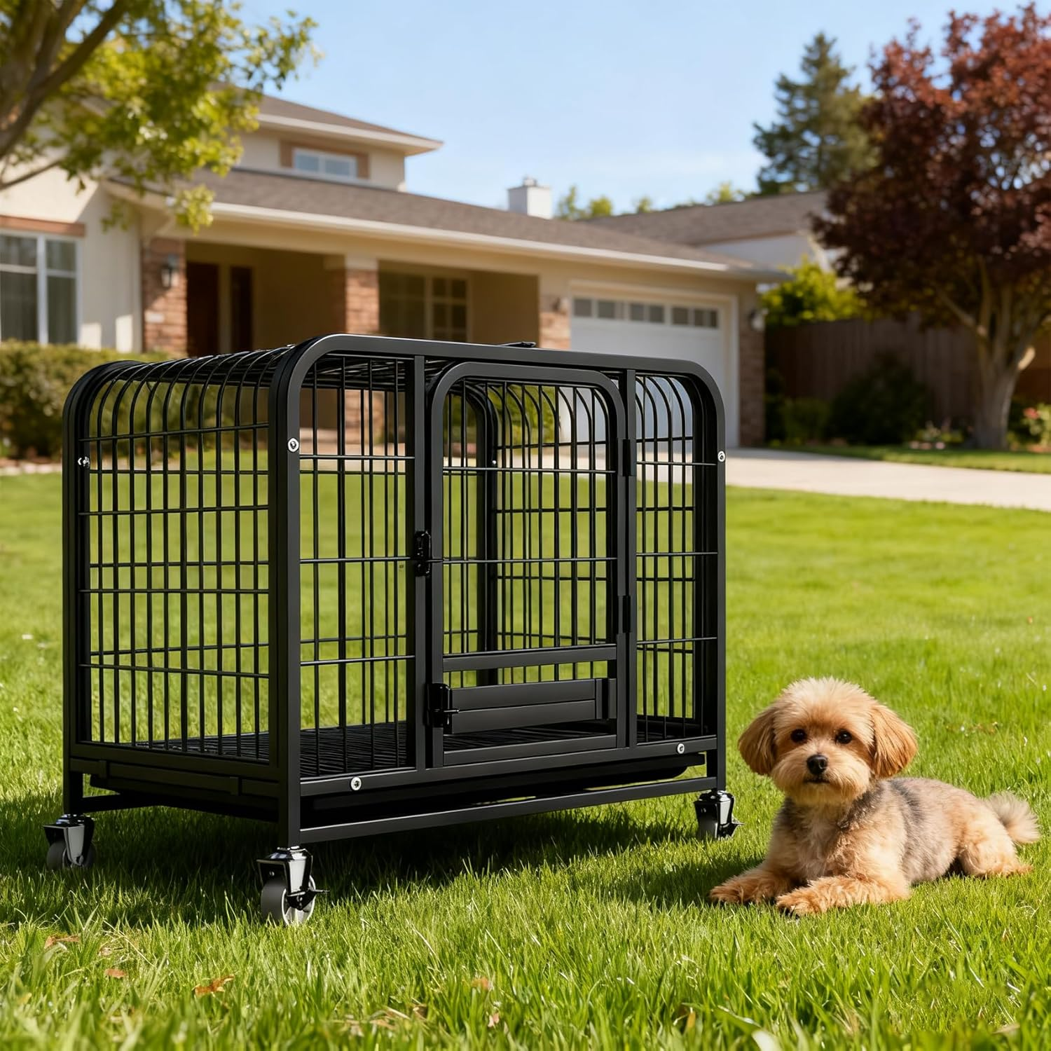Dog Crate with Removable Tray, Large Dog Cage with Wheels, Double Door Kennel Black 77 * 51 * 71Cm image number 3