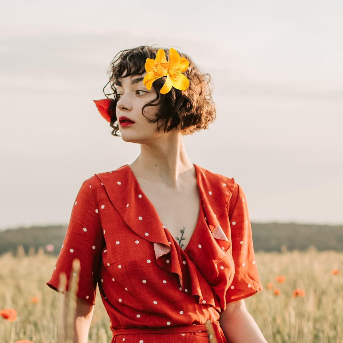 FERCAISH 6Pcs Flower Hairpin, Artificial Tropical Hair Clip for Seaside Holiday, Bridal Accessories, 3 Colors Hawaiian Orchid Hairpin for Women and Girls image number 4