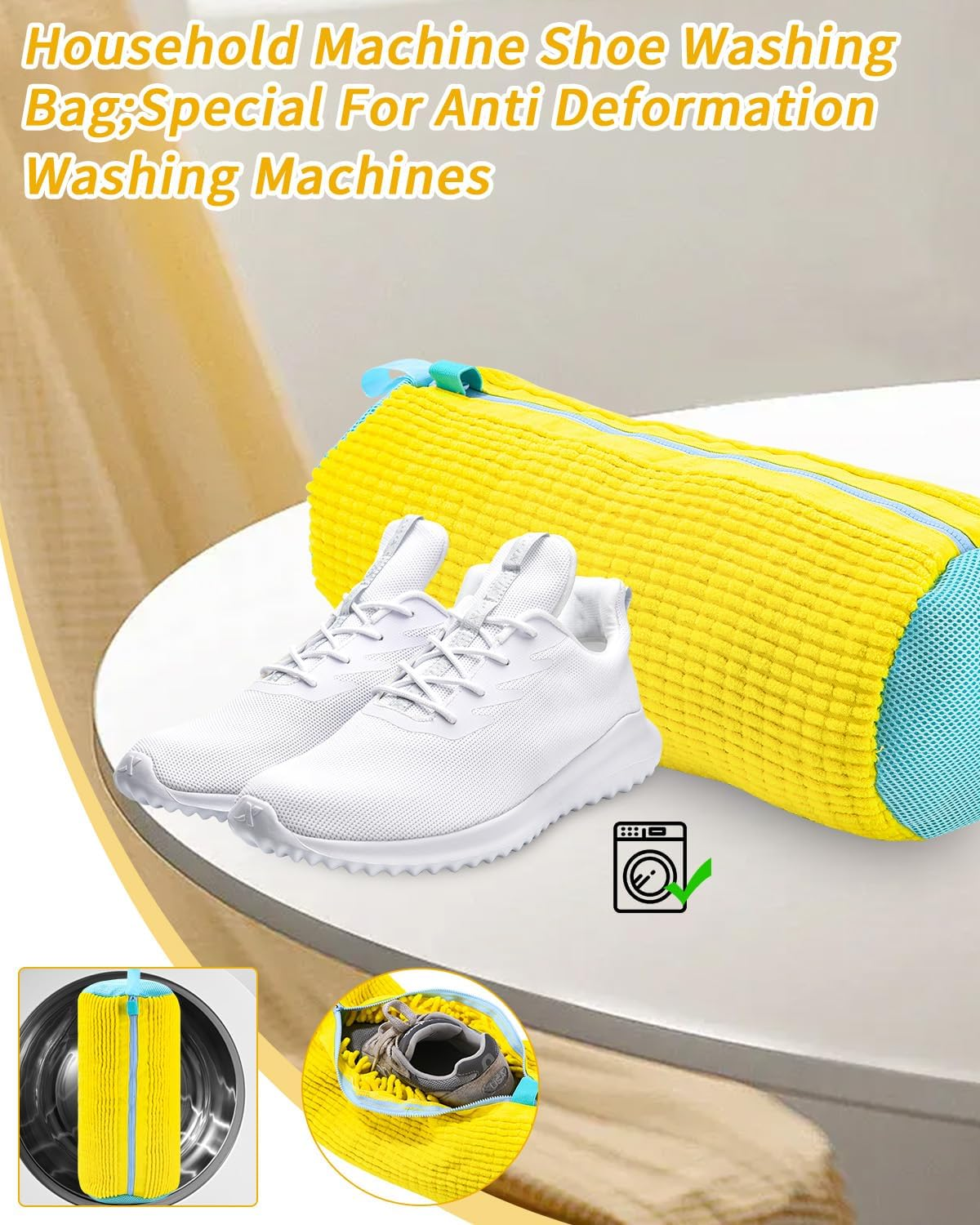 Bixury Shoe Wash Bag, Washing Machine, Shoe Bag, Washing Machine, Pack of 2, Multi Laundry Bag Shoes with 360&deg; Cleaning Fluff, Self-Cleaning Shoes, Washing Bag for Washing Machine and Dryer (Yellow) image number 4
