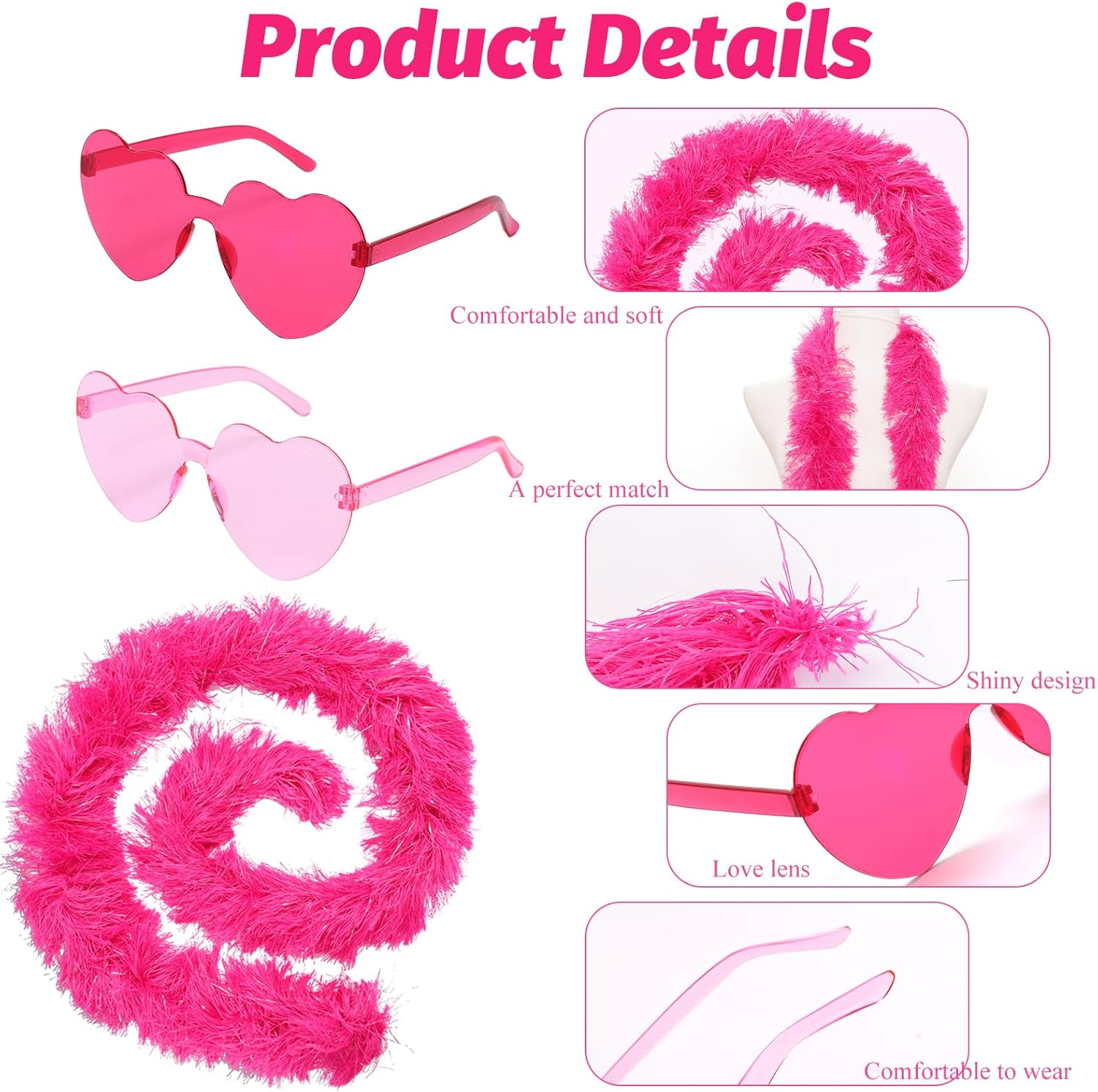 5 Ft 14Pcs Feather Boas and 14Pcs Heart Sunglasses Set Artificial Fluffy Boas Party Bulk for Women Bachelorette Party image number 5