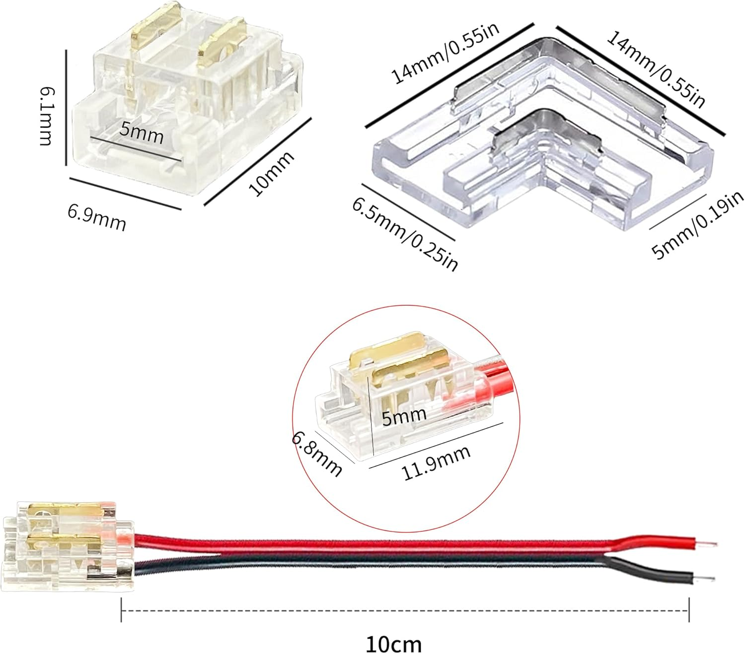 Clearhill 5Mm 2Pin 24PCS Press-In Assembly COB LED Strip Connector Corner Kit,14Pcs Strip to Strip Connectors,6Pcs L-Shape Connectors,4Pcs Strip to Wire +10Cm Cable Connectors,For 5V 12V 24V Strip. image number 4