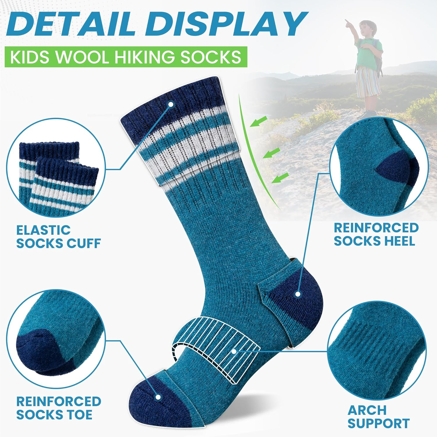 WEVIAS Kids Merino Wool Hiking Socks Boys Girls Thermal Winter Cozy Boot Warm Cushion Socks 6 Pairs image number 1