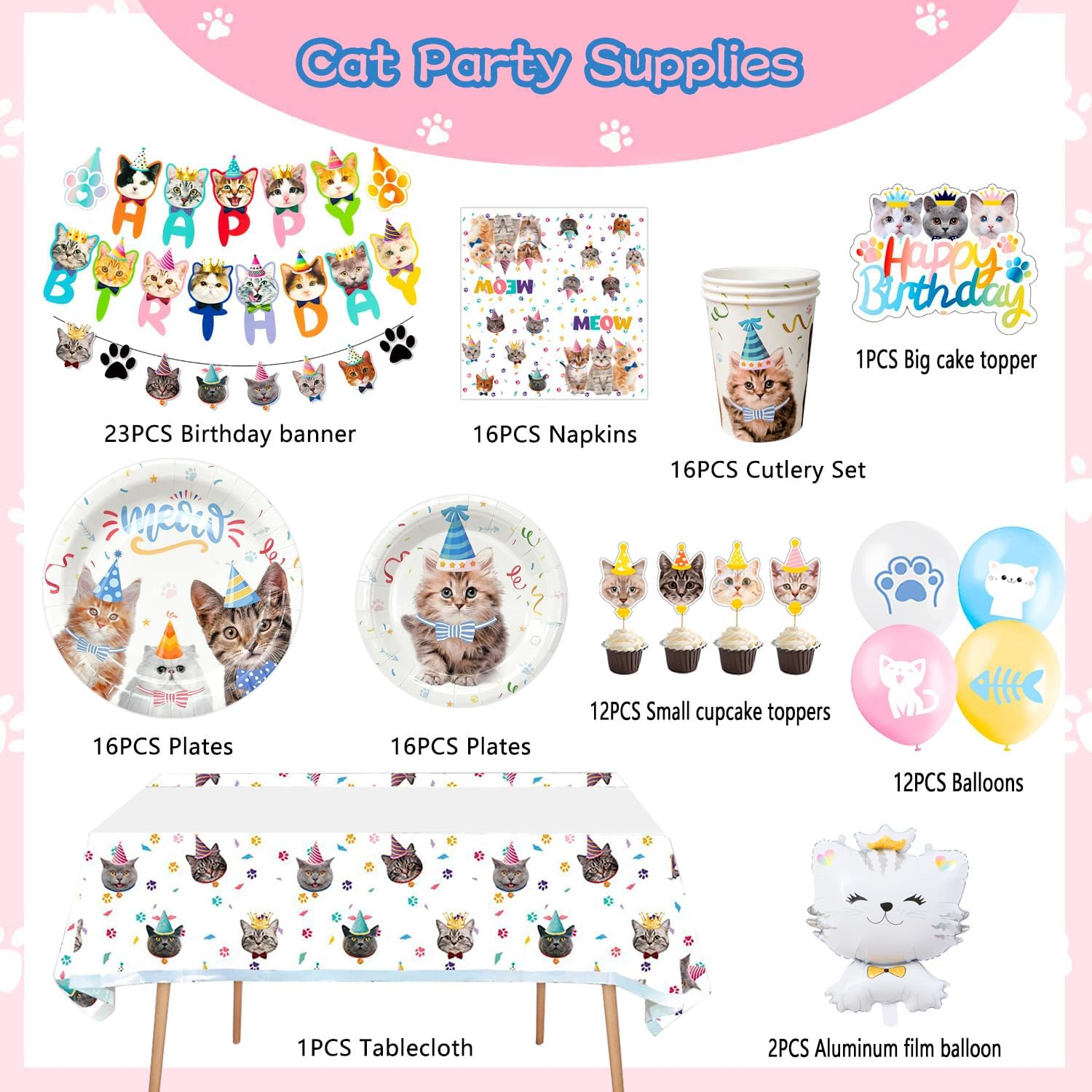Cat Birthday Party Supplies, 16 Guests Cat Birthday Decorations Tableware Set, Kitten Party Plates Napkins Tablecloth Banner Balloons Etc image number 4
