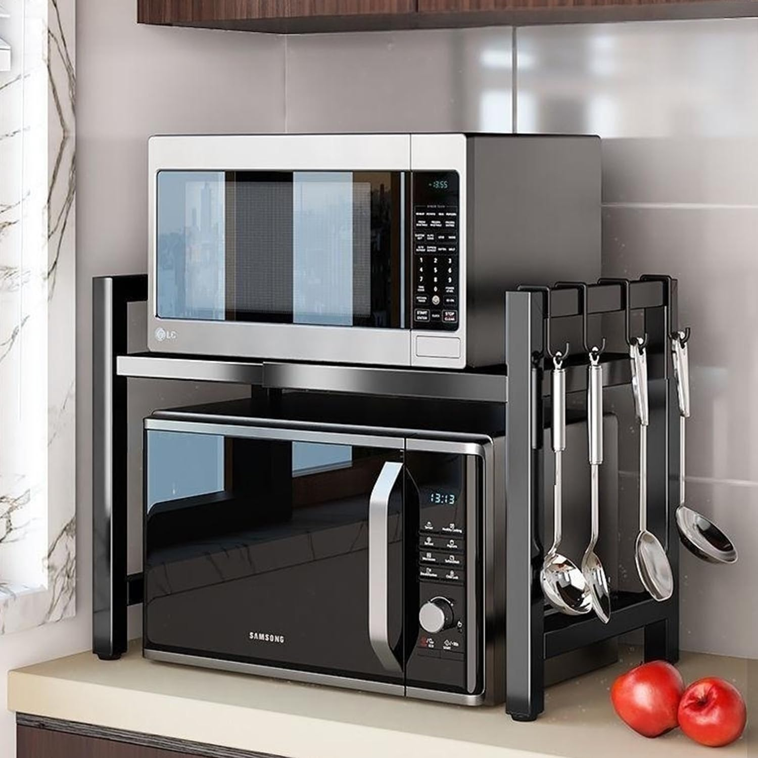 SZJUNXIAO Microwave Expandable Shelf 40-64 Cm, Oven Rack, Kitchen Organiser, Adjustable Width & Height Stand Counter with 4 Hooks (Black 1-Tier) image number 4