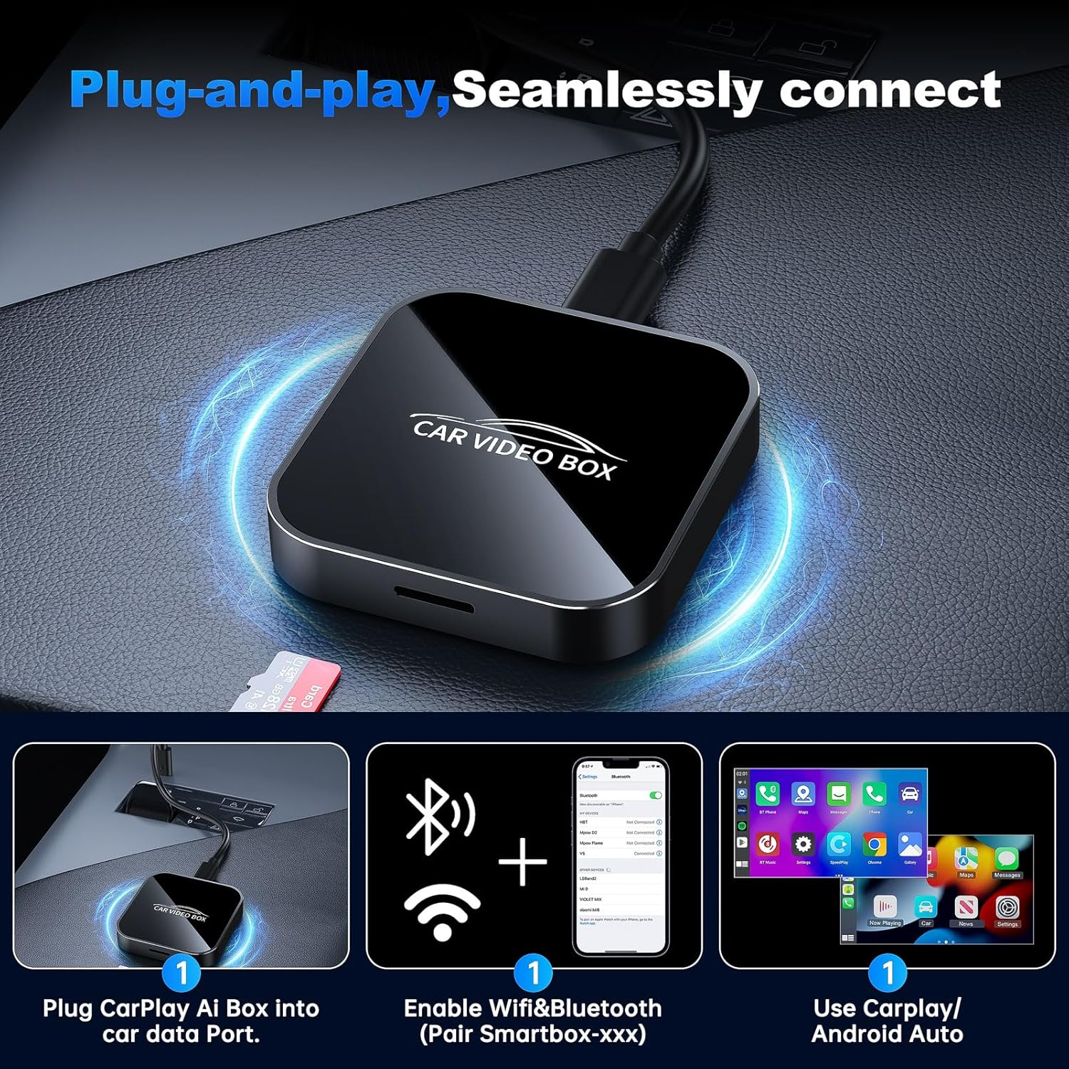 Wireless Carplay & Android Auto Adapter &ndash; Smart AI Box for Streaming Video with Netflix/Youtube/Tf Card/Usb Drive, for OEM Wired Carplay/Android Auto Cars image number 2
