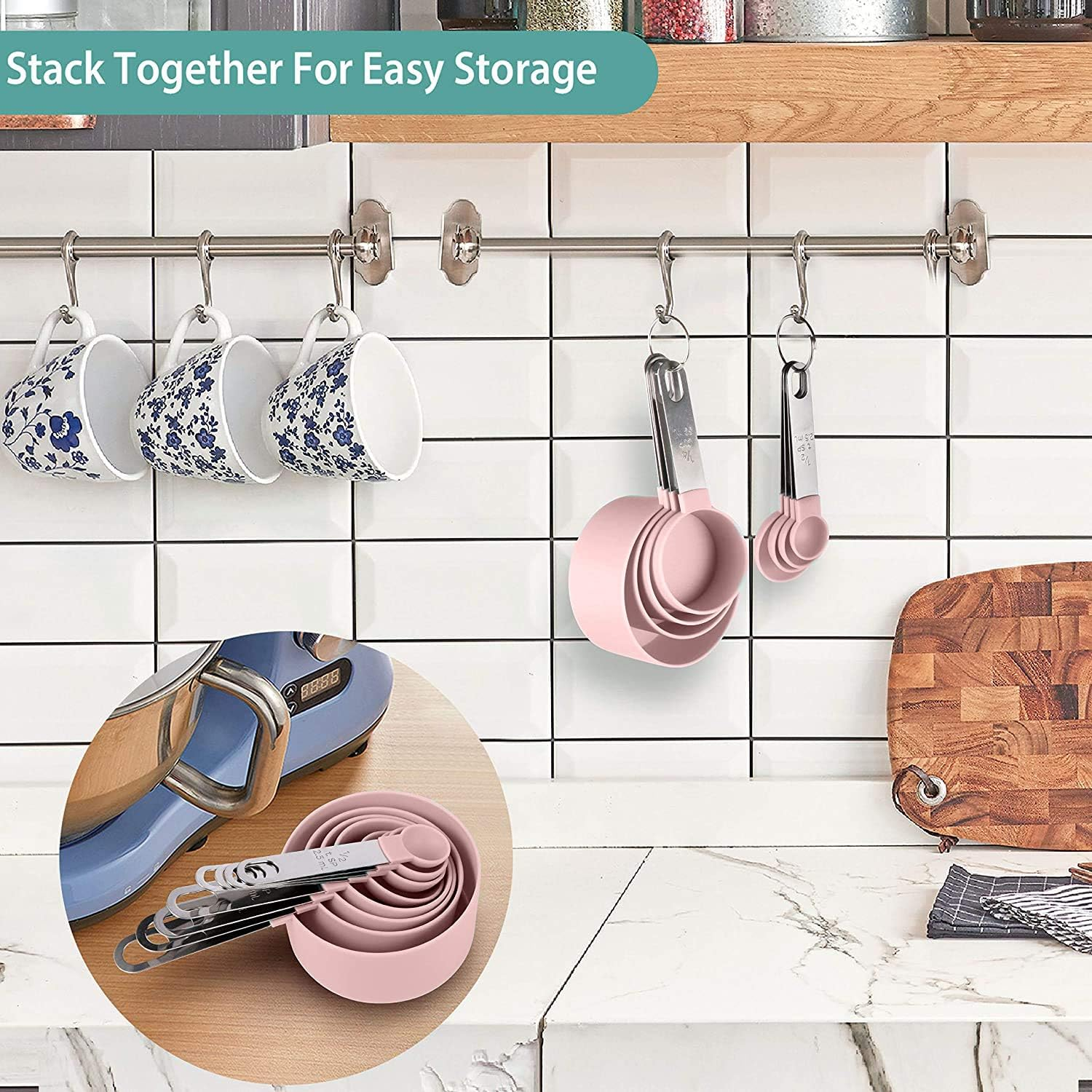 8 Pieces Measuring Cups and Spoons Set / Nesting Measuring Cups with Stainless Steel Handle / for Dry and Liquid Ingredient (Light Pink) - Light Pink image number 5