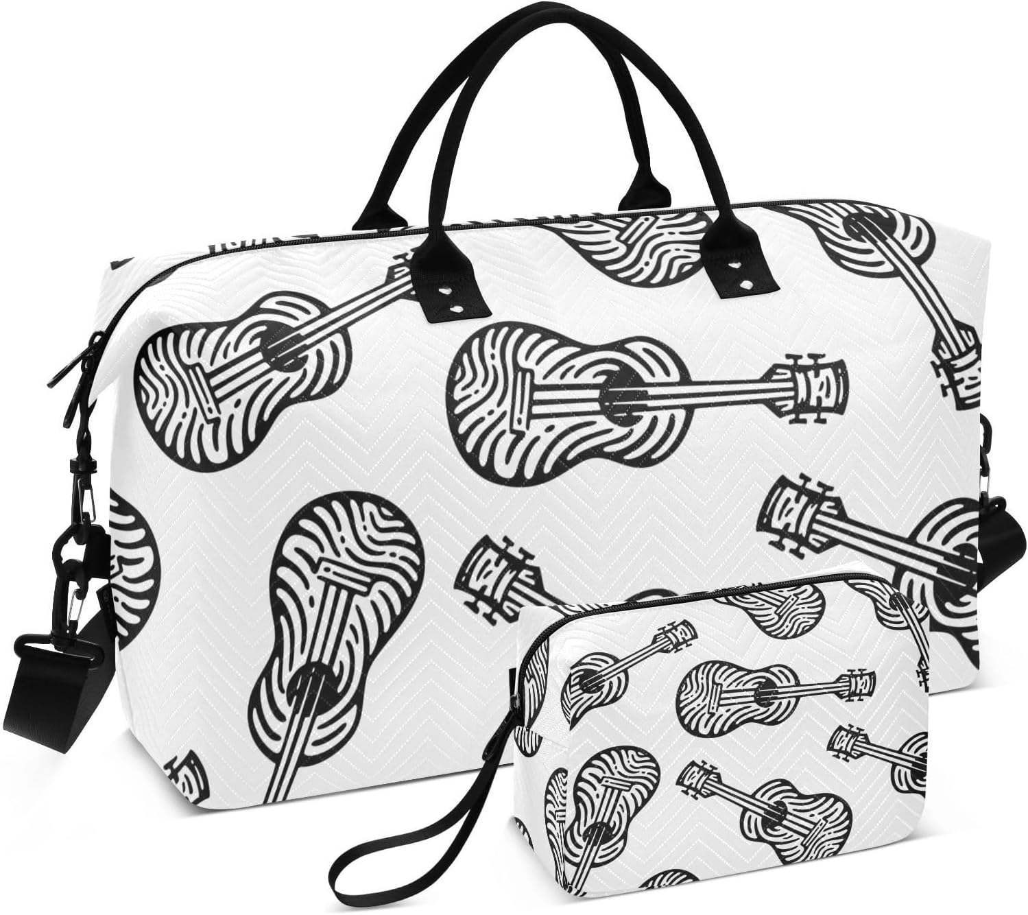 Black and White Guitar Oversized Travel Duffel Bag Travel Weekender Gear Bag Gym Sports Carry with Toiletry Bag for Gym Large Capacity, Black and White Guitar, 1 Size image number 6