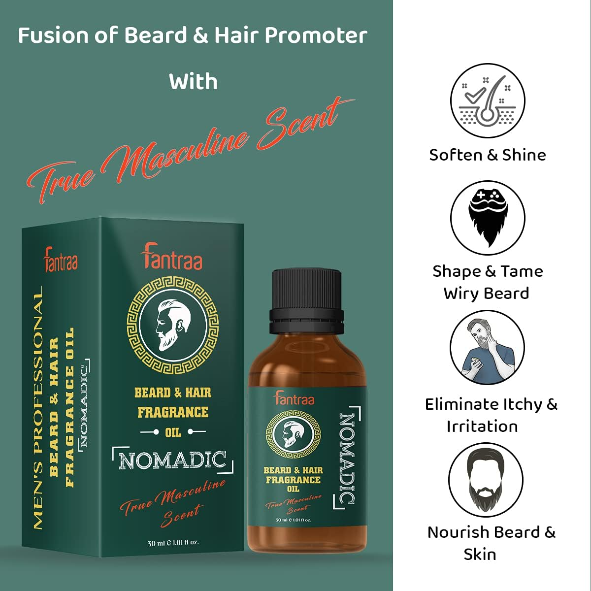 Fantraa Beard and Hair Fragrance Oil - 30 Ml (Nomadic) | for Men | Make Beard Nourish, Soft & Touchable | No Harmful Chemicals | Ideal for Daily Use image number 3