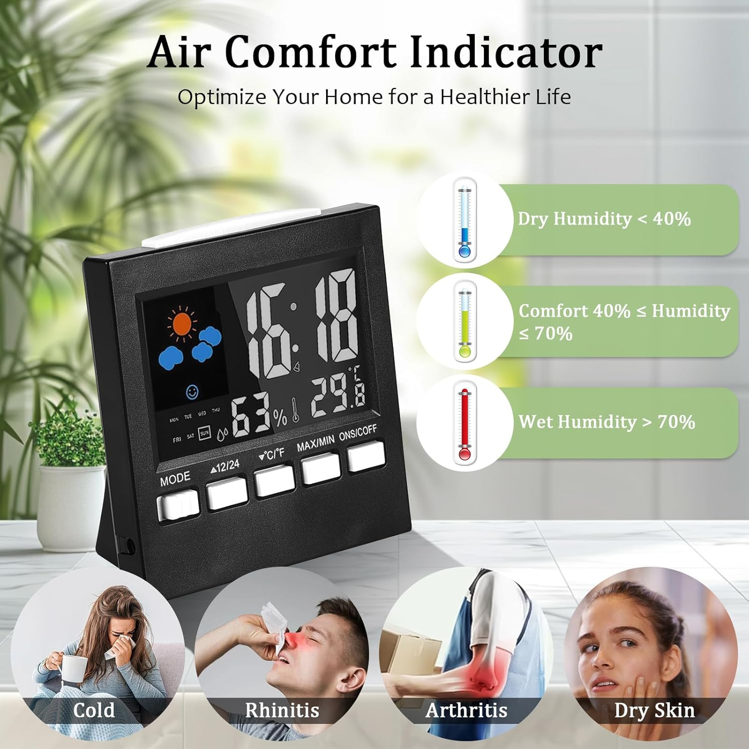 Hygrometer Indoor Thermometer, Large LCD Display Digital Temperature Humidity Monitor with Alarm Clock, Weather Forecast and USB Wire for Home Office