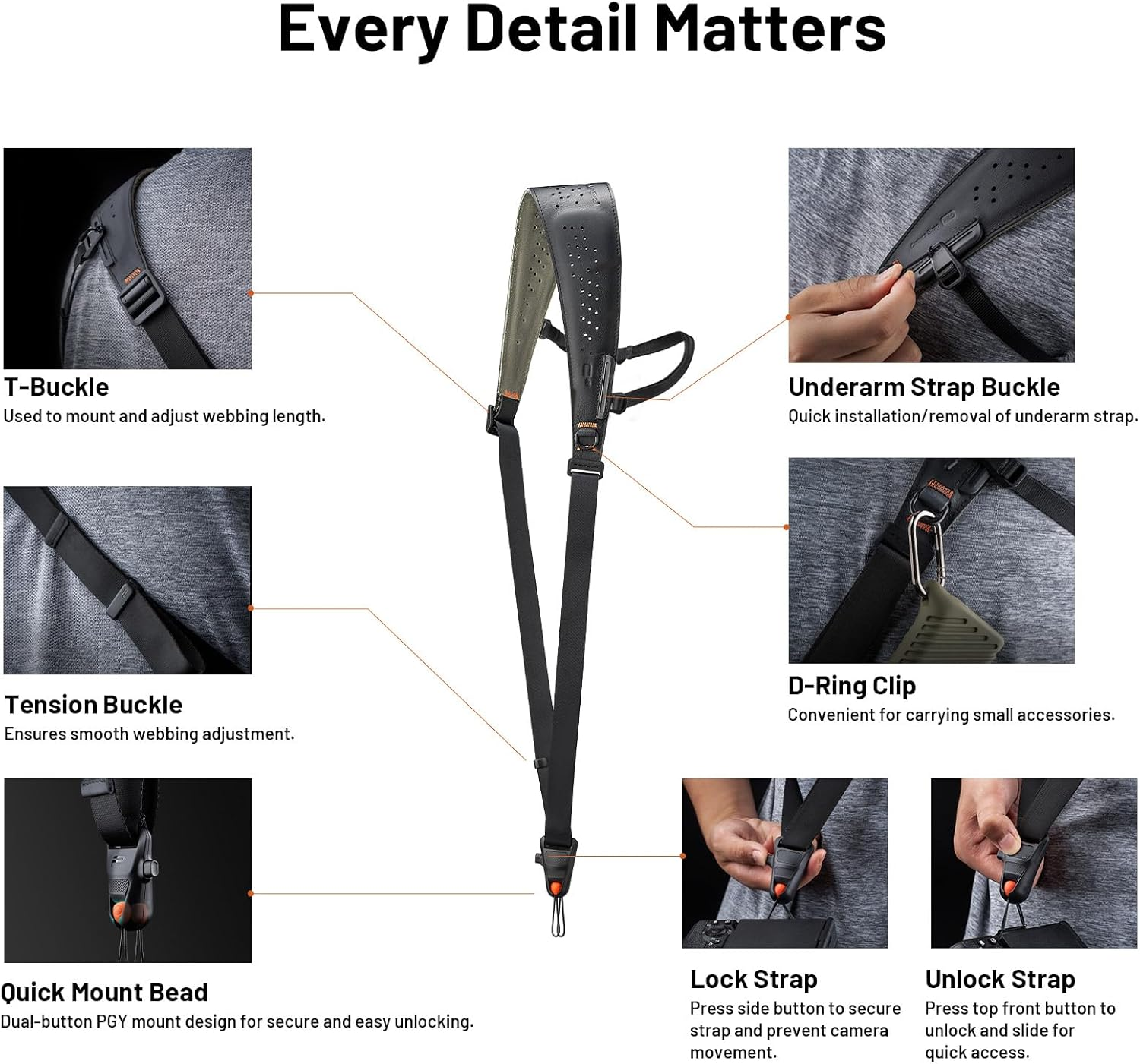 PGYTECH Camera Strap Pro, Professional Camera Harness with Detachable Underarm Strap, Leather Ergonomic Shoulder Pad image number 4