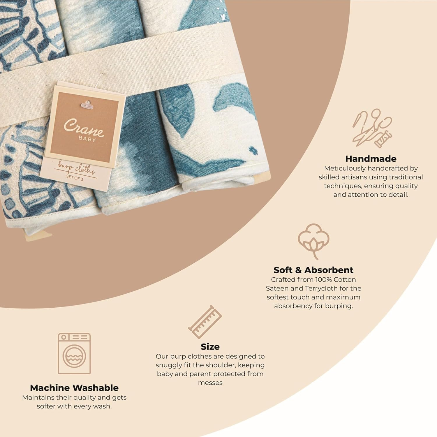 Crane Baby Soft Muslin Burp Cloth, Lightweight and Absorbent Burp Cloth for Boys and Girls, Whale, 3 Piece, 7&rdquo; X 20&rdquo; image number 4