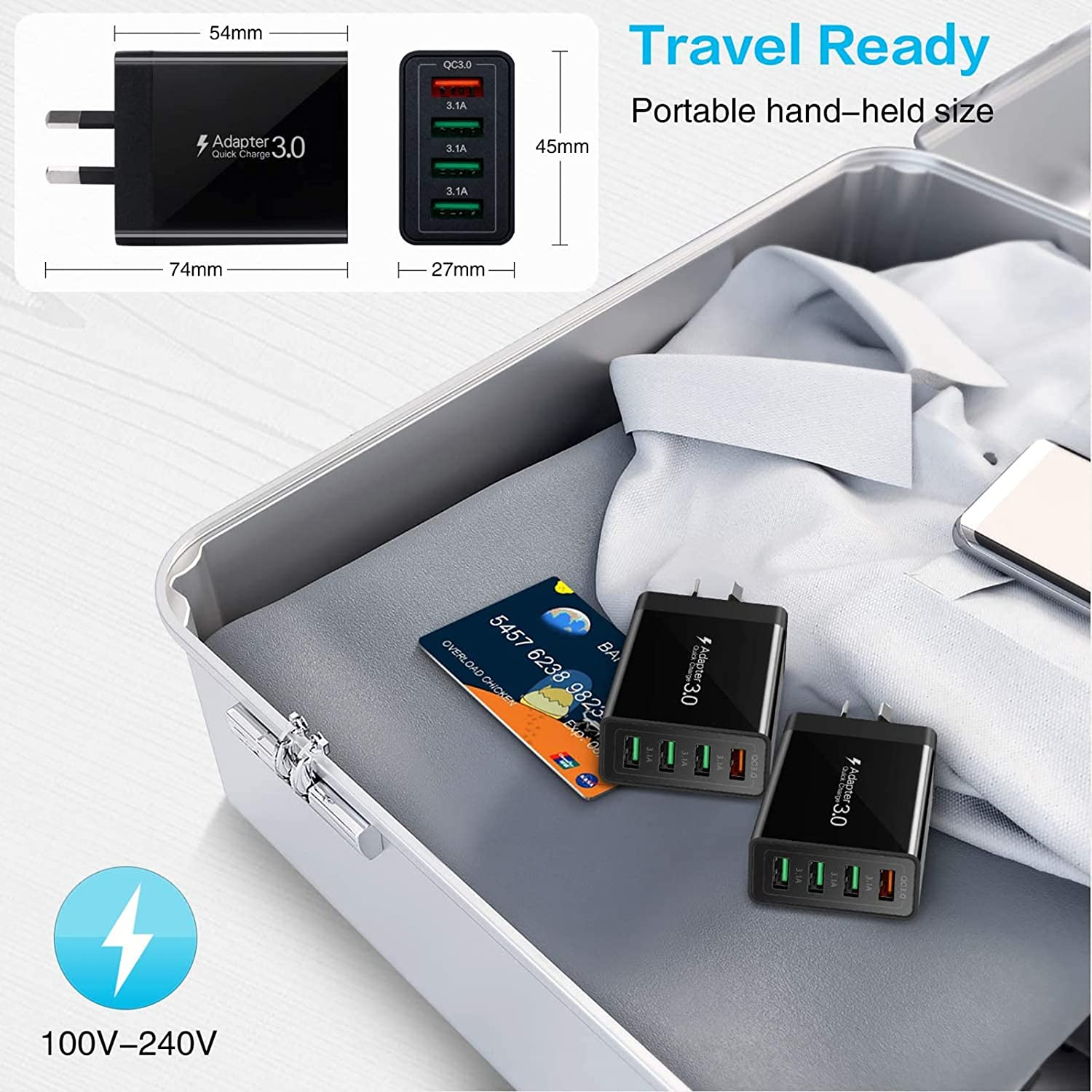 USB Charger, Total 33W Abetcabe 4 Ports Wall Charger Plug Fast Charger Power Adapter Compatible for Samsung Galaxy S20 S10 S9 S8 Note 8/9, Iphone, Pad, Tablet,Htc, LG and More (1-Pack Black) - Upgrade-White image number 6