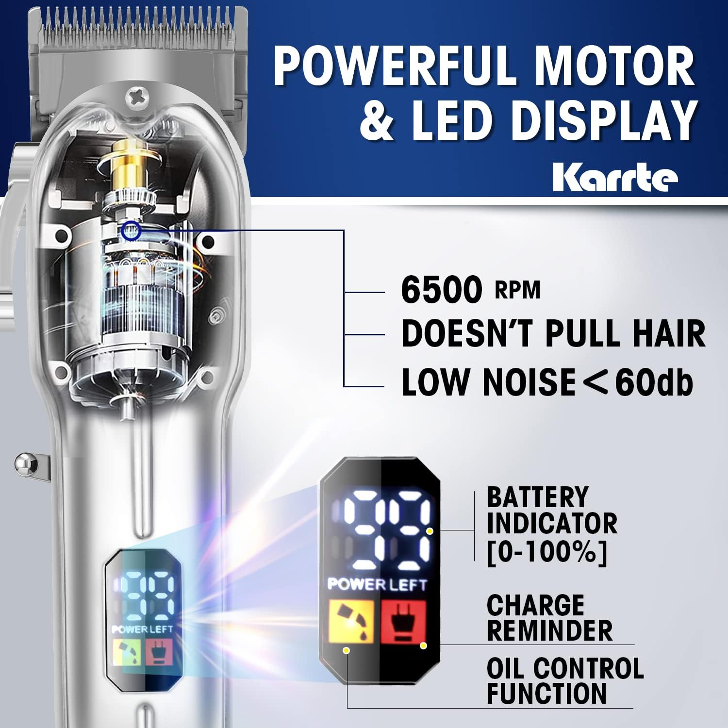 Karrte Professional Hair Clippers and Trimmer Kit,Cordless Hair Cutting Kit,Barber Supplies for Men Beard Trimmer Mens Grooming Kit Accessories (Silver) image number 6