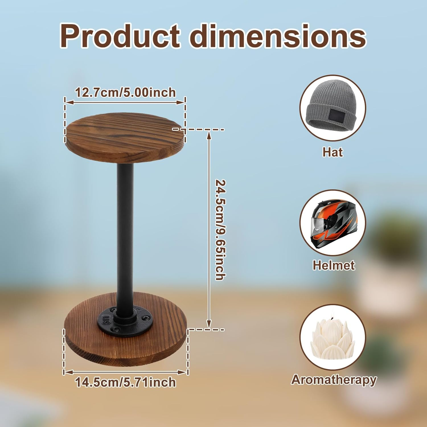 Hat Stand and Wig Display Rack, Burnt Wood Hat Holder Stand, Adjustable Height Hat Holder, with Industrial Metal Pipe Industrial Style Wig Rack, Stable Jewelry Display, Riser Tabletop Helmet image number 2