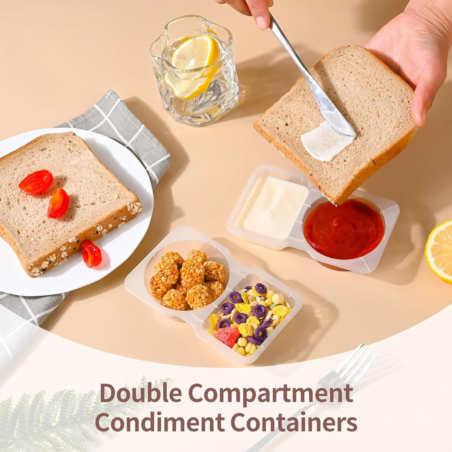 15PCS Double Compartment Condiment Container Reusable Snack Container 2 Condiment Containers with Lids Snack Pack Container Sauce Containers Condiment Containers with Used for Take-Out Condiments image number 1