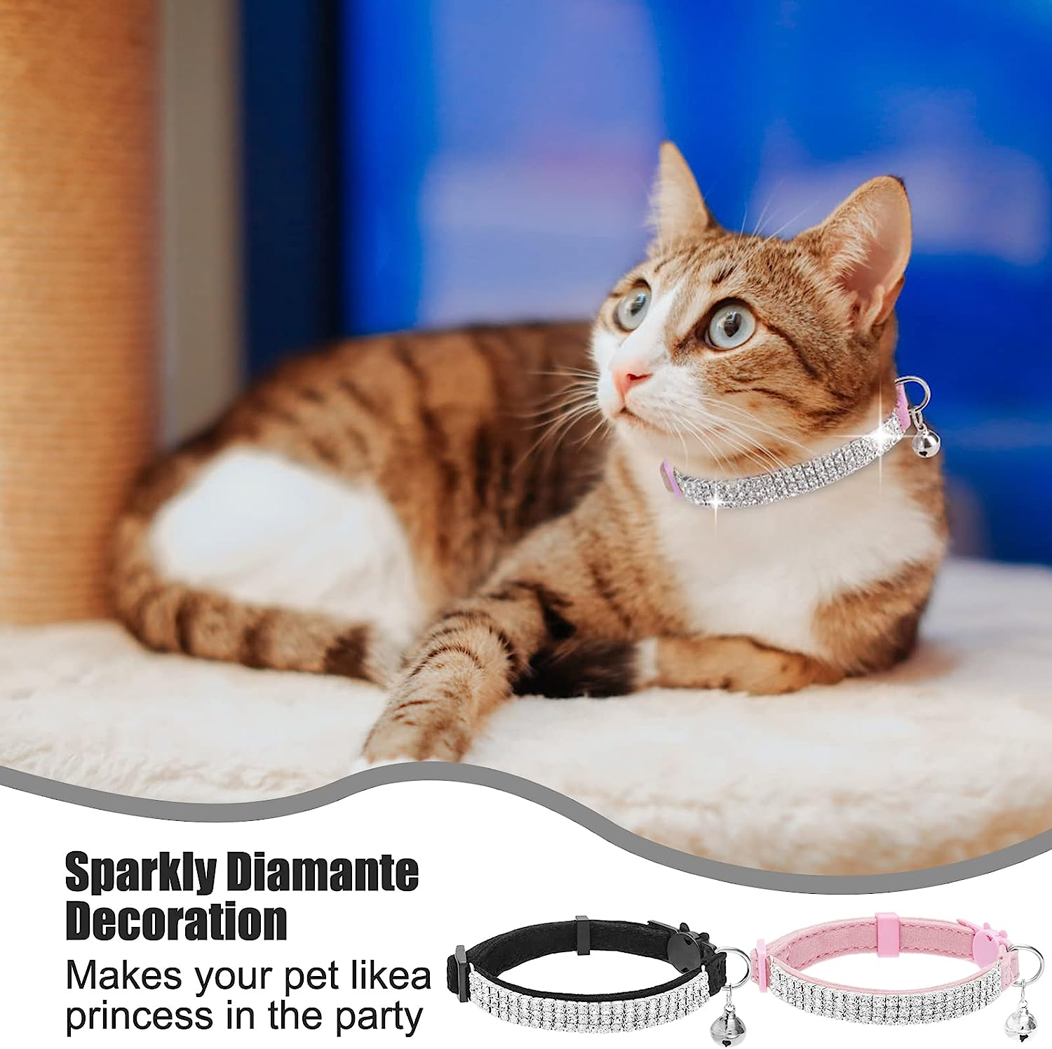 EXPAWLORER Soft Velvet Safe Cat Collars for Girl Cats -2 Pack Rhinestones Bling Diamante Adjustable Collars - Cat Collar Breakaway with Bells for Boy Cats Kitty and Small Dogs image number 6