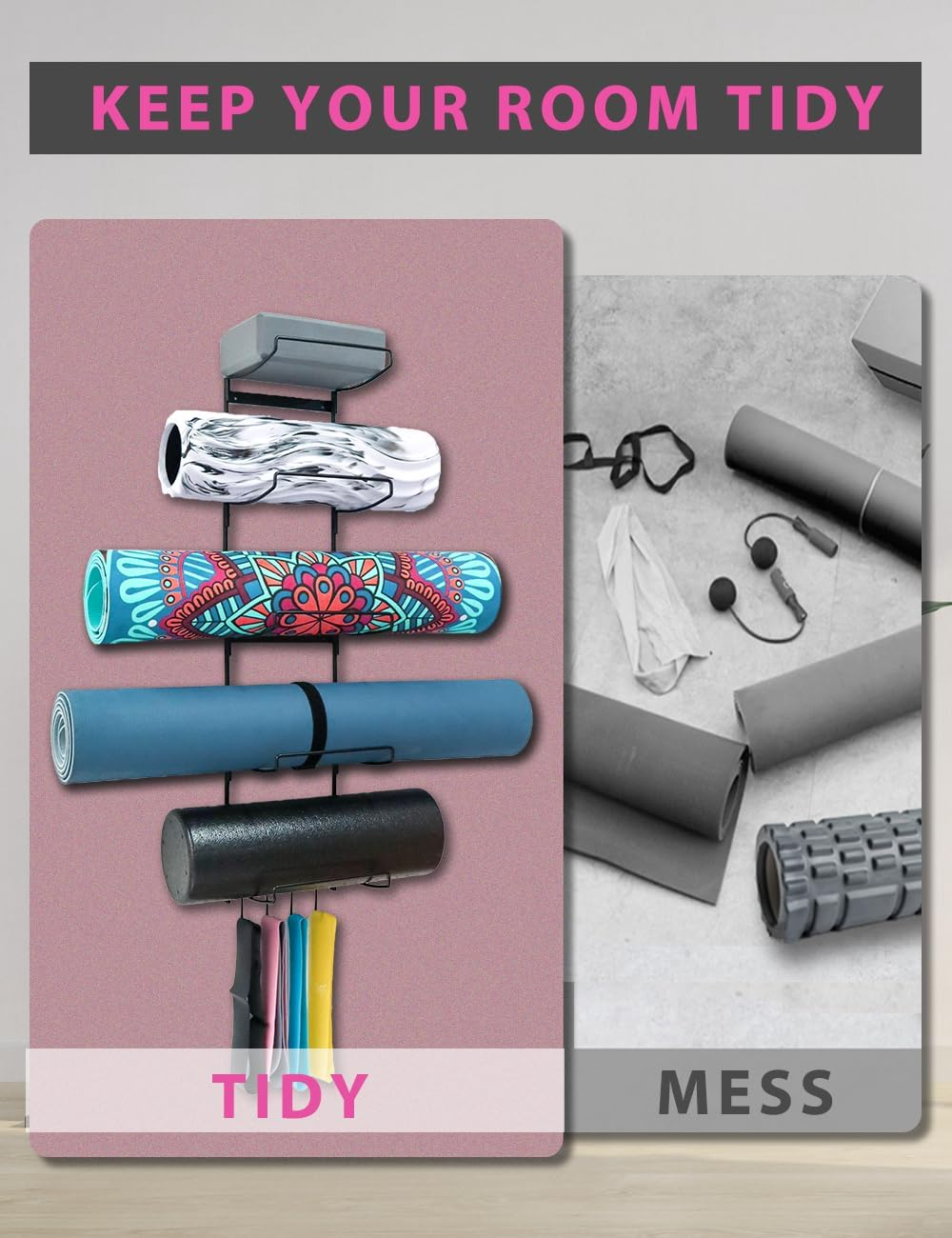 5-Tiers Yoga Mat Holder Wall Mount, Metal Storage Rack for Mat/Wheels, Foam Roller and Block, with 3-Hooks for Hanging Stretching Strap, Resistance Bands, Accessories image number 6