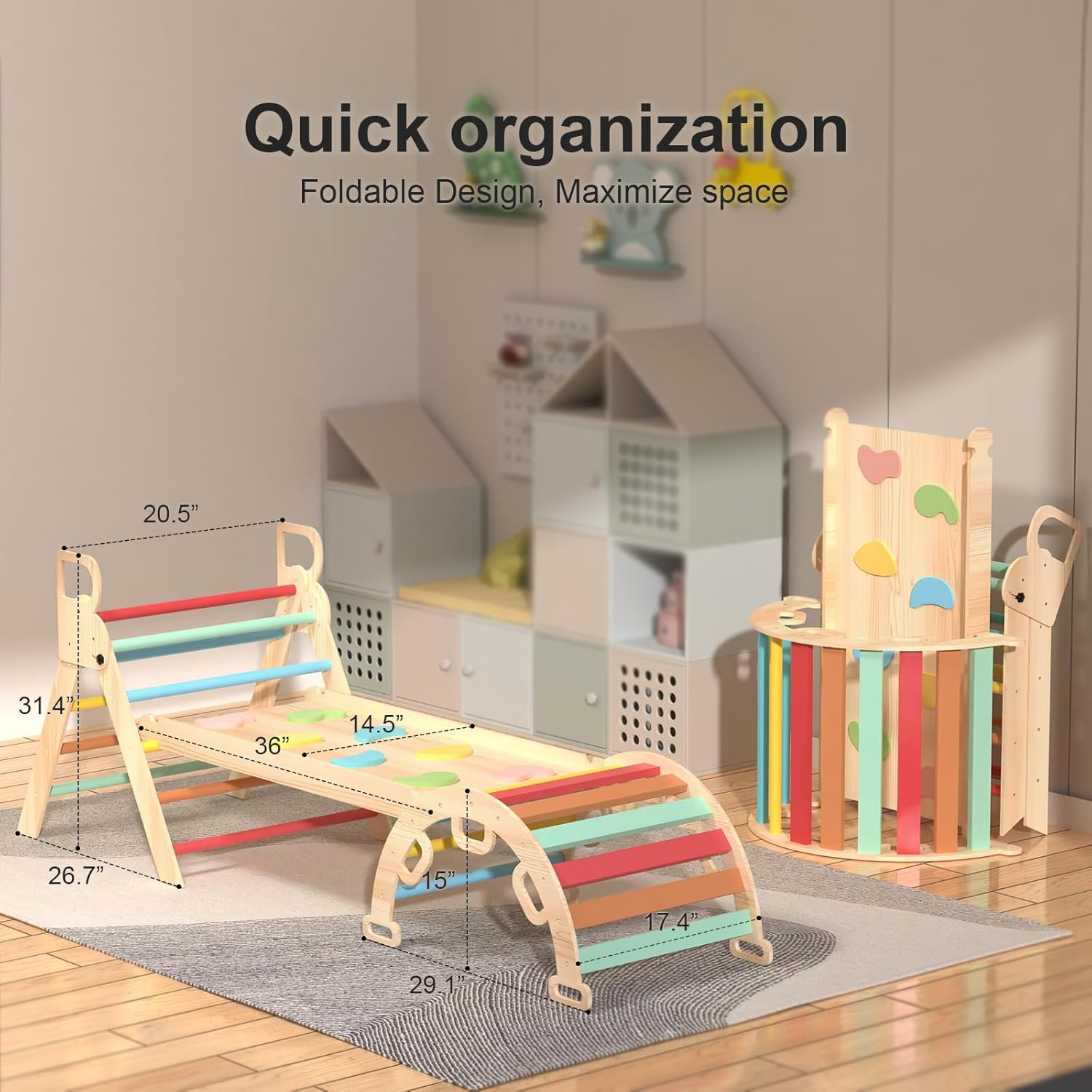 Pikler Triangle Set, 7In1 Foldable Baby Montessori Climbing Toys, Wooden Climber Indoor Jungle Gym for Toddlers image number 6