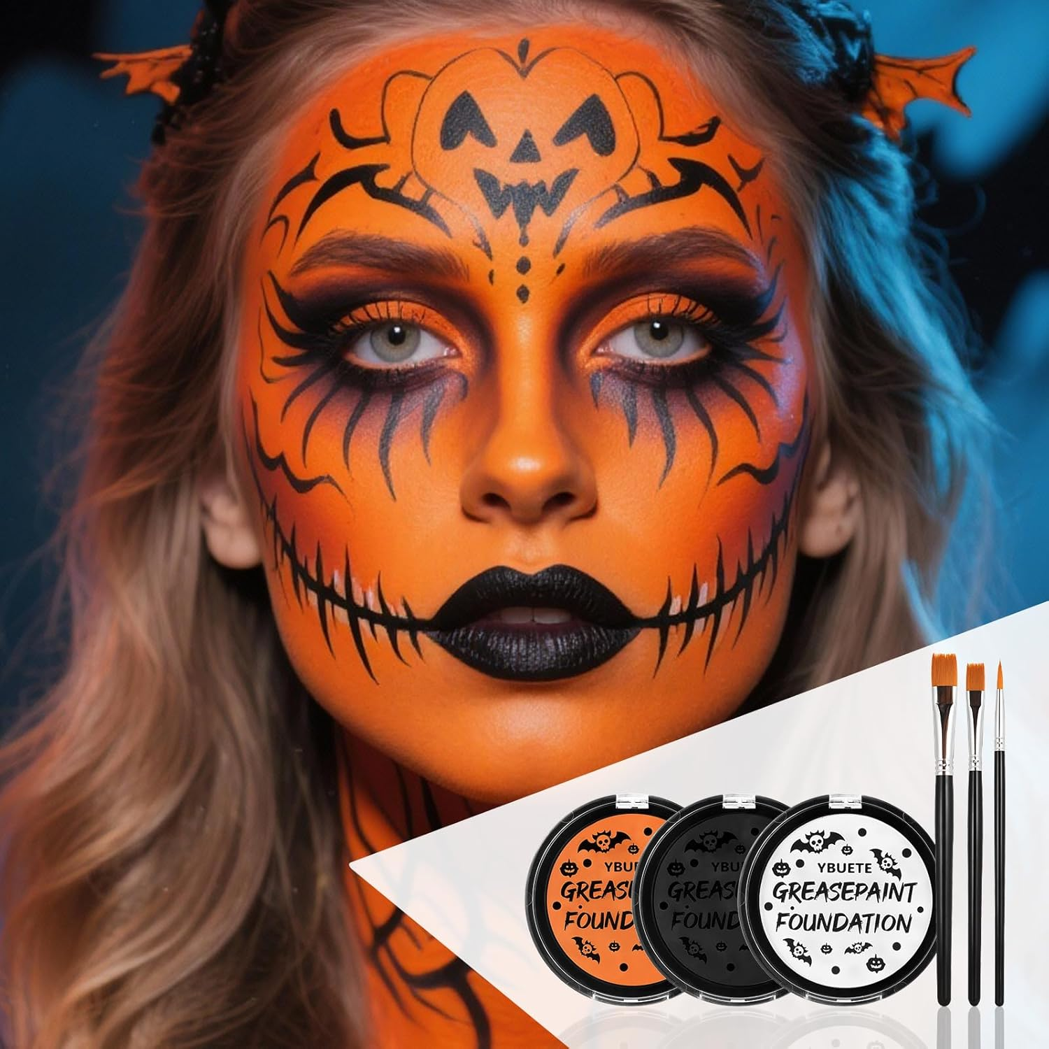 YBUETE Orange Black White Oil Based Face Paint Kit with Painting Brushes, Professional Full Coverage Greasepaint for Adults Halloween Cosplay SFX Tiger Pumpkin Makeup Carnival Theater Stage image number 2