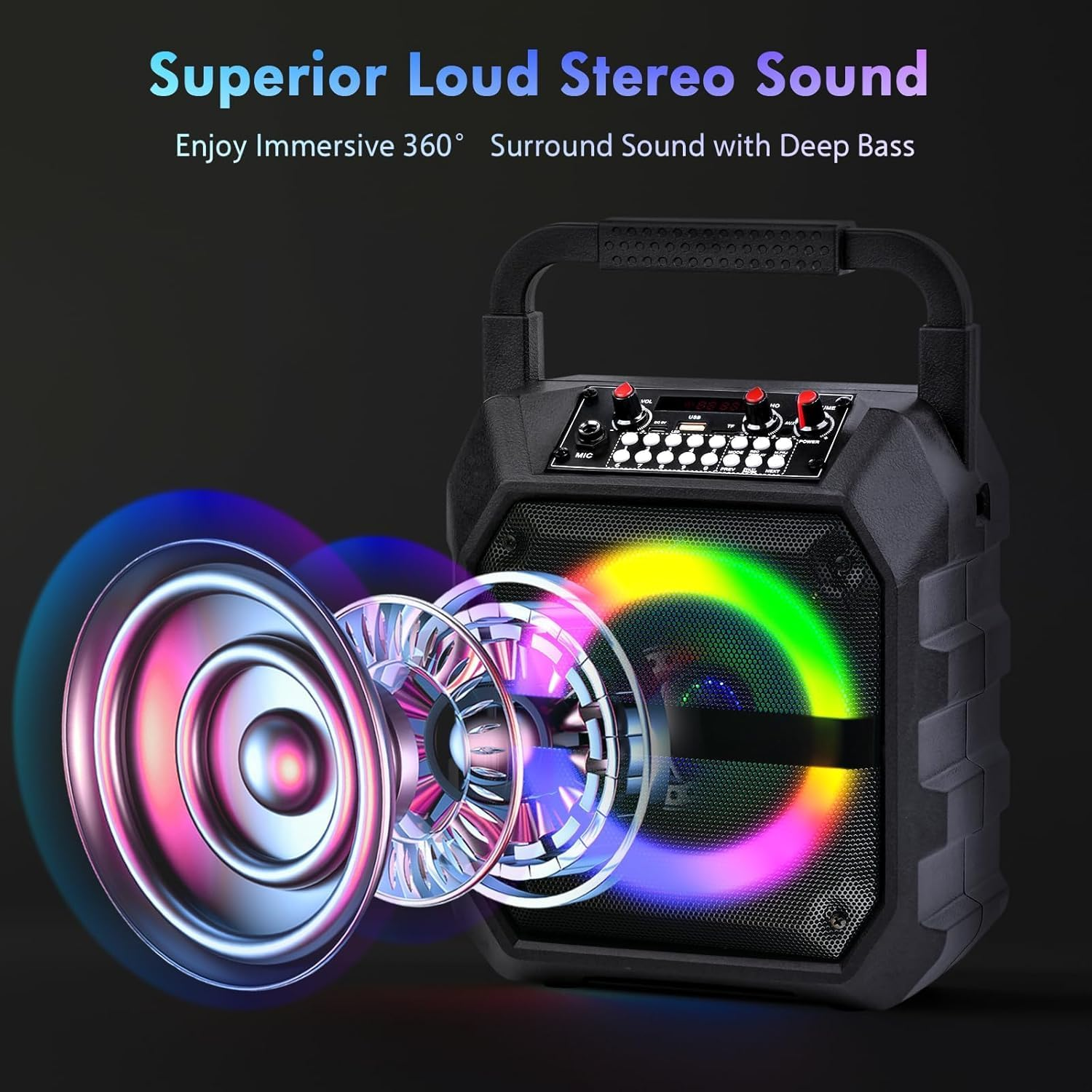 Karaoke Machine,Potable Bluetooth Stero Speaker, Singing Machine with 2 Wireless Microphones LED Lights for Home Party Meeting Adults Kids Supports USB/TF/AUX/REC/FM