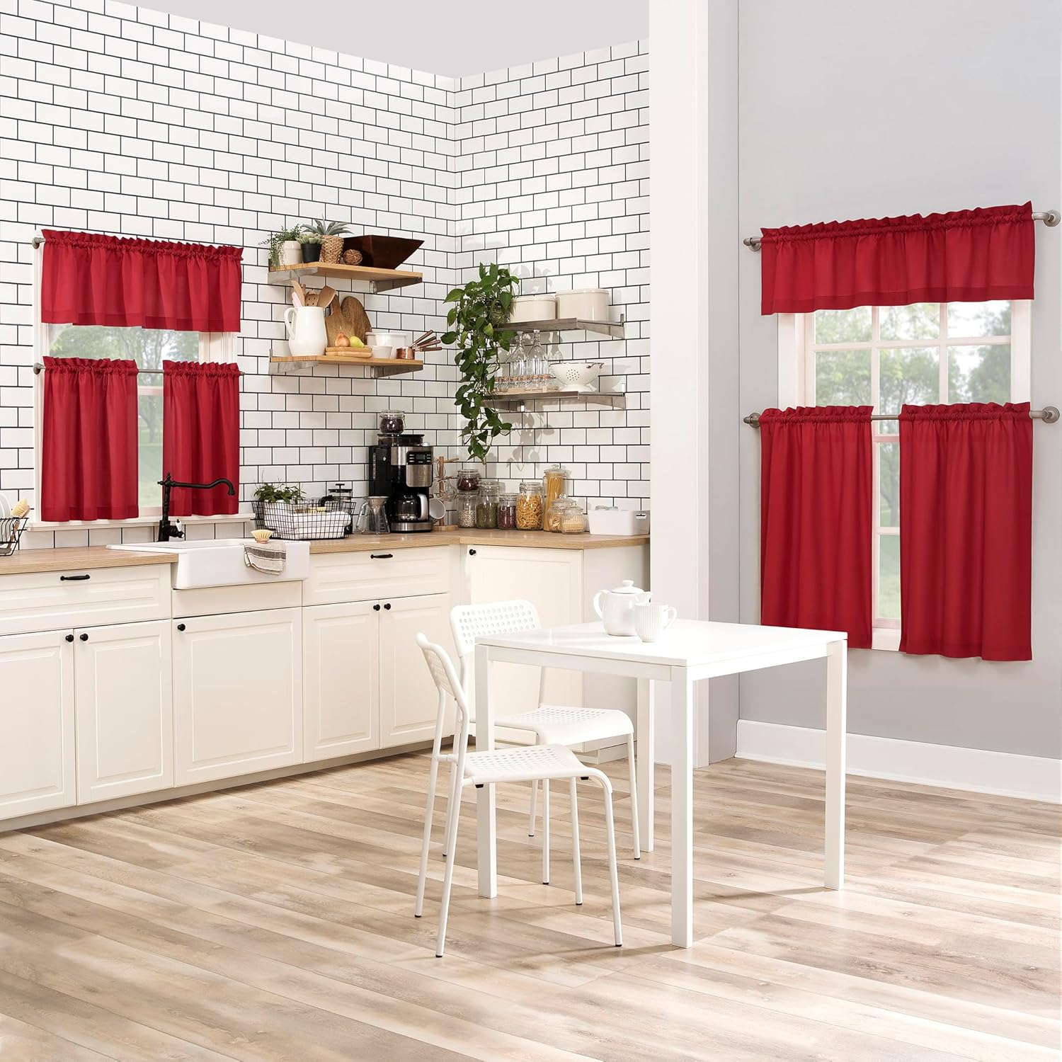 No. 918 Martine Microfiber Semi-Sheer Rod Pocket Kitchen Curtain Valance and Tiers Set, 54" X 45", Red