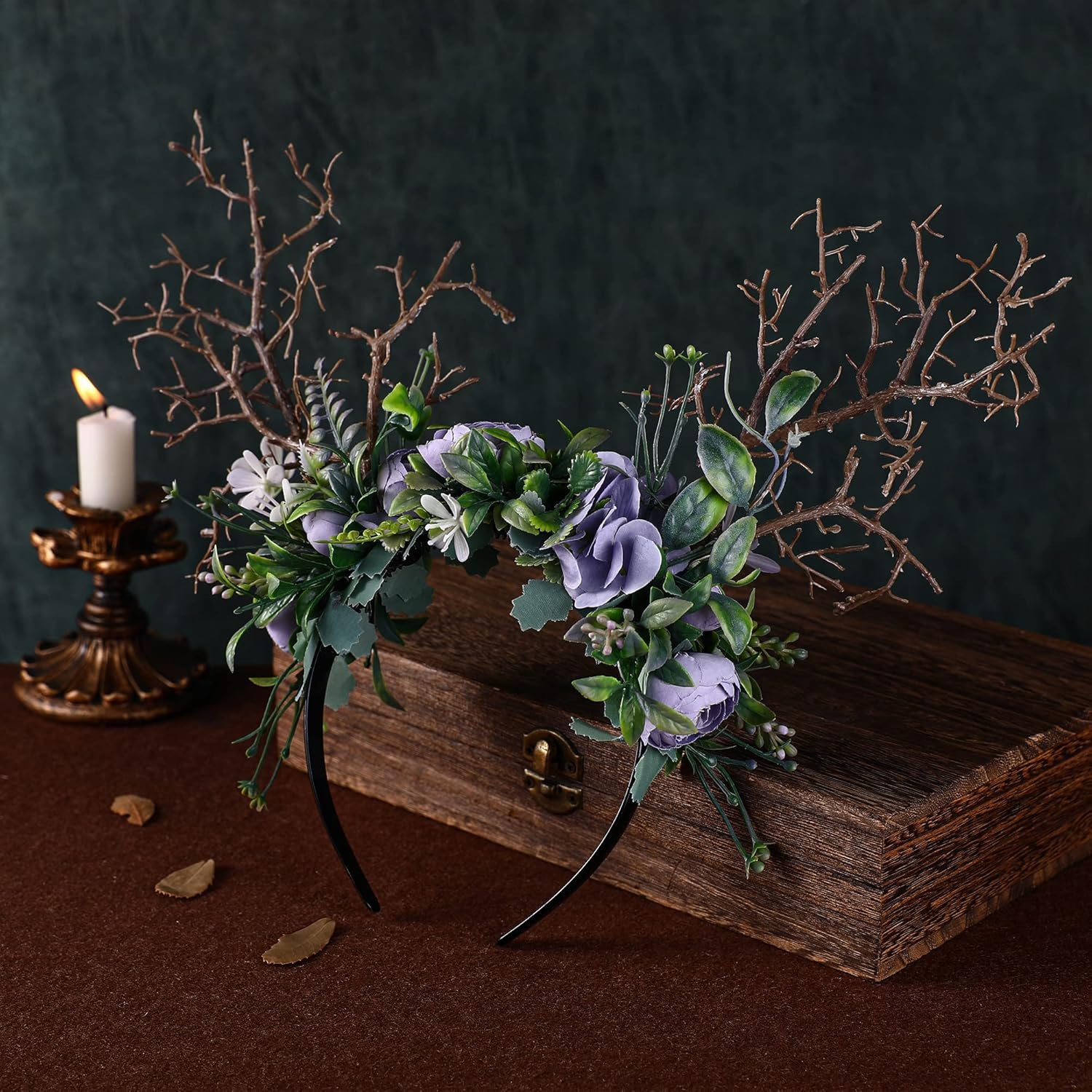 MOSTORY Handmade Forest Crown Antler Tree Branch Headband Purple Rose Flower Headpiece Woodland Fairy Hair Garland for Women Carnival Mardi Gras Renaissance Fair Fae Ball Prom Accessory image number 2
