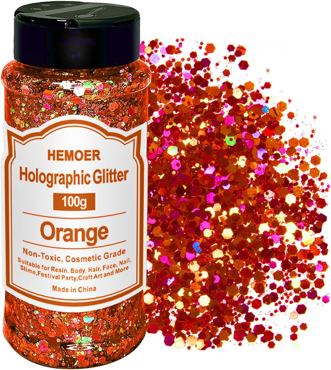 HEMOER Holographic Chunky Glitter, Orange 100 G Chunky Sequins Glitter, Craft Glitter for Resin, Face, Nail, Body, Crafts, Slime Festival Party Art, Glitter Powder for Nails Glitter - Black image number 5