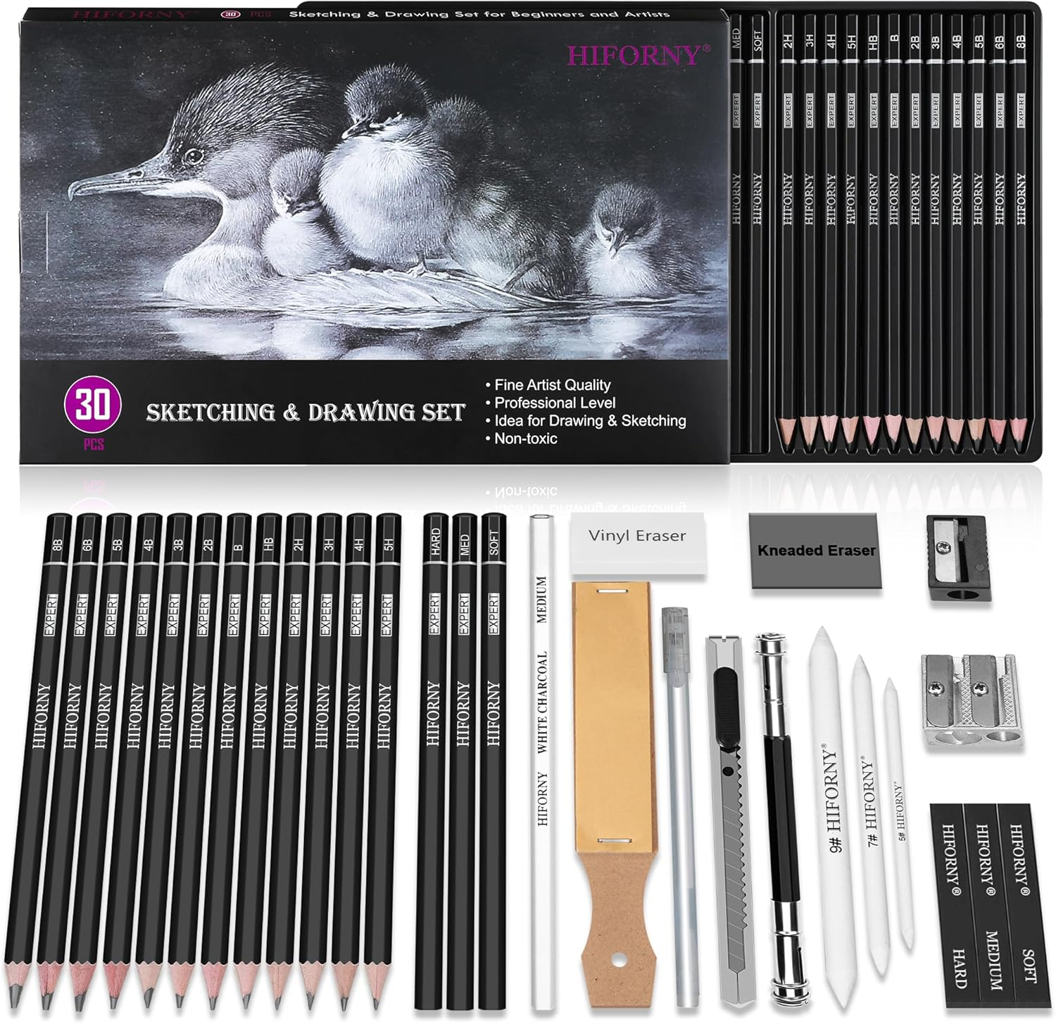 HIFORNY 30 PCS Sketching Drawing Pencil Set,Sketch Pencils Art Supplies with Graphite,Charcoal,Blending Tools,Accessories,Drawing Kit for Adults Artists image number 5
