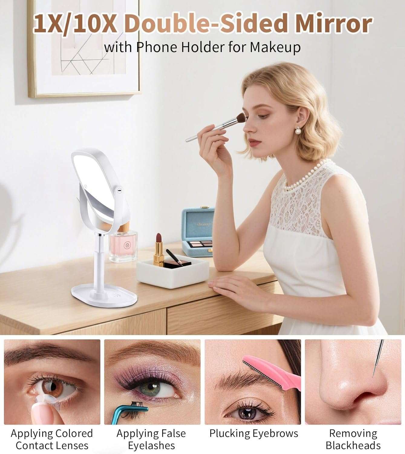 XXZU 64 LED Makeup Mirror with Phone Holder,3000Mah Rechargeable 10X Magnifying Vanity Mirror with Lights,3 Color Lighting & Dimmable Touch Screen Compact Mirrors for Desk,Travel,Bathroom image number 1