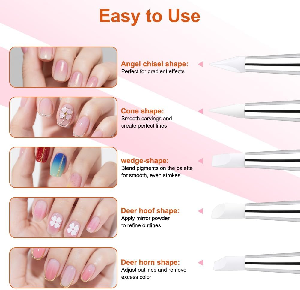 BUTBU 5PCS Nail Art Sculpture Pen, Dual Tipped Silicone Nail Tools, Doubel Ended Dotting Pen Tool, Rhinestone Nails Polish Carving Pen, Silicone Nail Tool for DIY Decoration, Salon (Black) image number 6