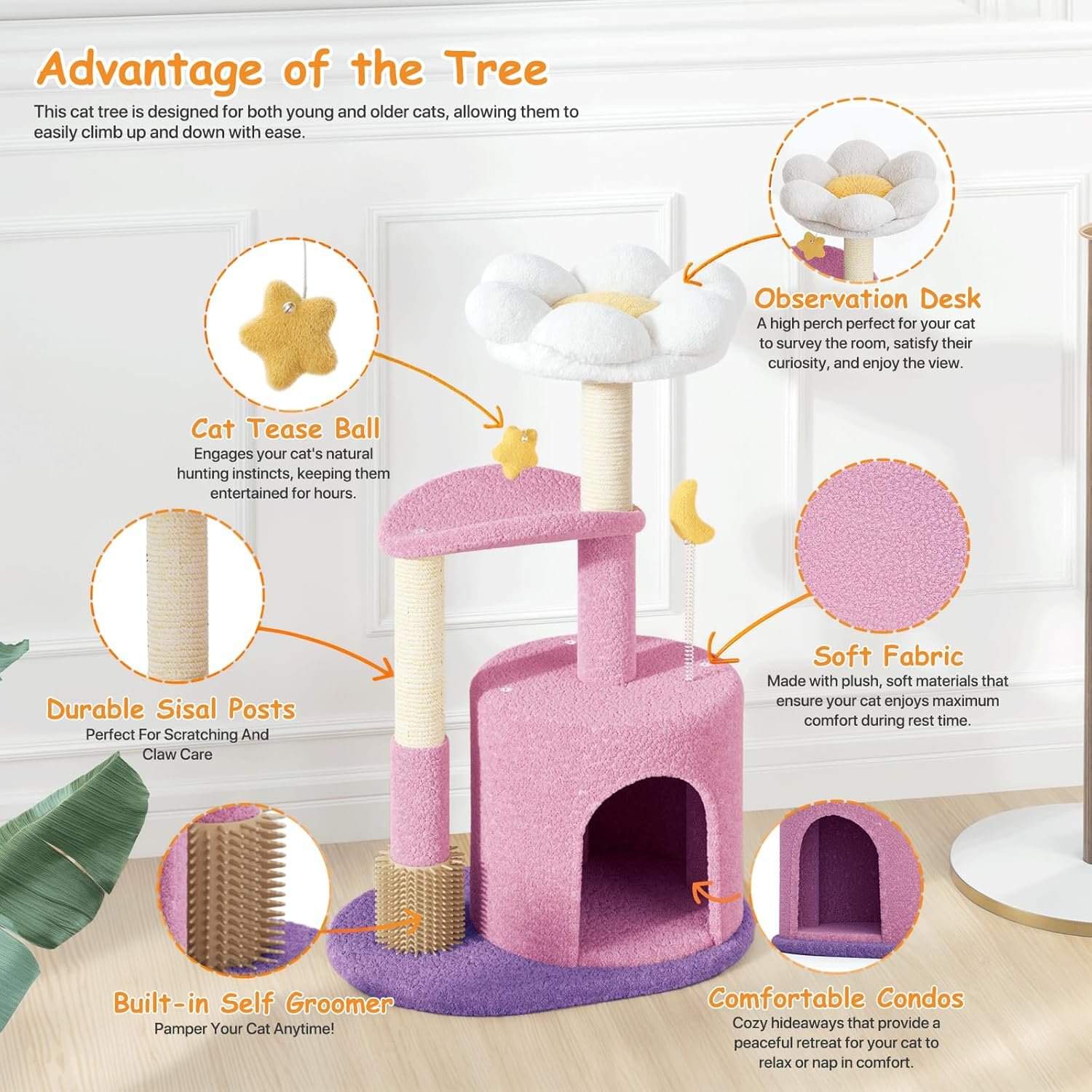 Athena Collection Small Cat Tree Condo with Sisal Scratching Post, 33 Inch Modern Cute Flower Cat Tree Tower with Cozy Perch Toy Ball for Indoor, Kittens, Purple