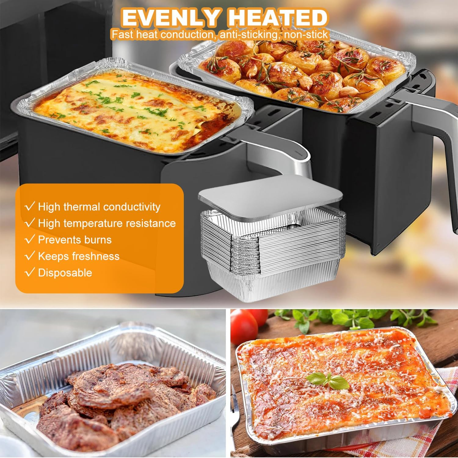 60 PCS Foil Trays with Lid, 20X11X5.5Cm Aluminium Foil Pan Foil Food Containers, 60 Pans and 60 Cardboard Covers, Tin Foil Pans for Baking, Meal Prep, Freezer and Takeout image number 4