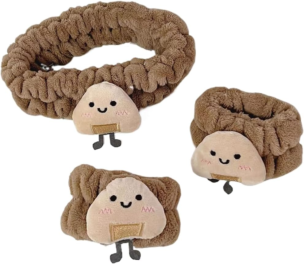 Spa Face Headband Wrist Wash Bands Set Face Wash Bracelets Elastic Makeup Hair Band Sweatband for Makeup and Washing Face Women Spa Yoga Shower, Coffee Colour image number 2