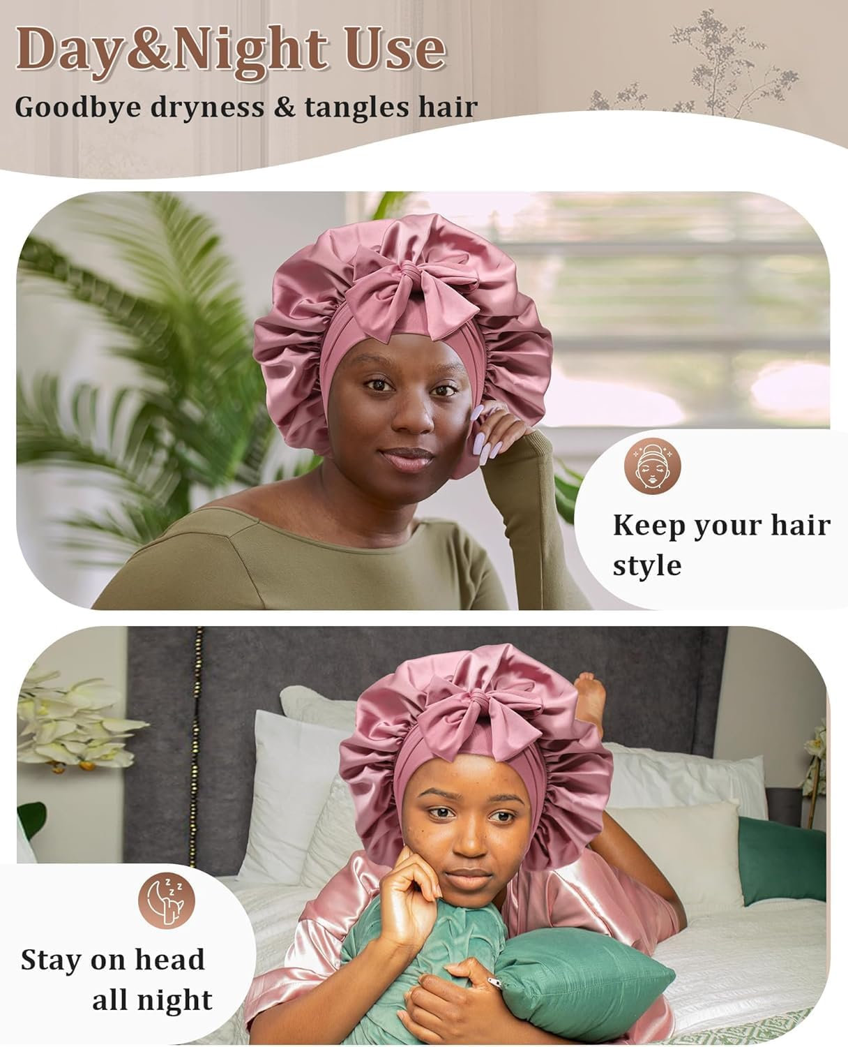 Maedery Reversible Satin Bonnet for Sleeping Women Double Layer Hair Bonnet with 2PCS Hair Scrunchies Elastic Tie Band Night Cap, Bean Paste + Pink, One Size