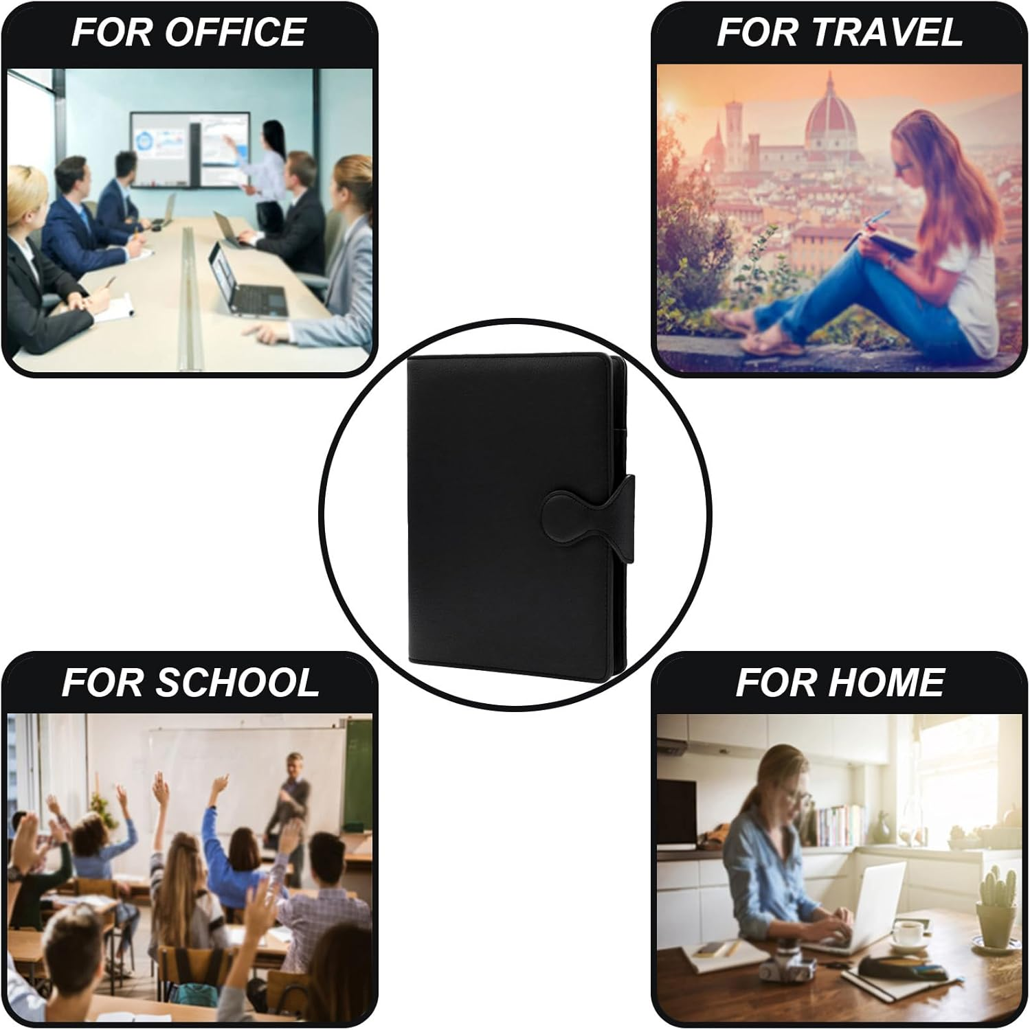 HXRTANGS PU Leather Notebook A5, 6-Ring Binder Journal Refillable Business Notebook, Personal Planner Organizer with Pockets/Pen Holder/Accessories/Lined Paper 160 Pages, Black - Black image number 6